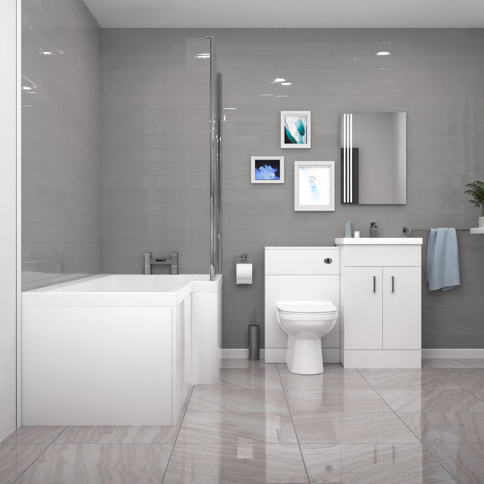 Nanuya L-Shaped RH Shower Bath Floor Standing White Basin Vanity BTW Toilet