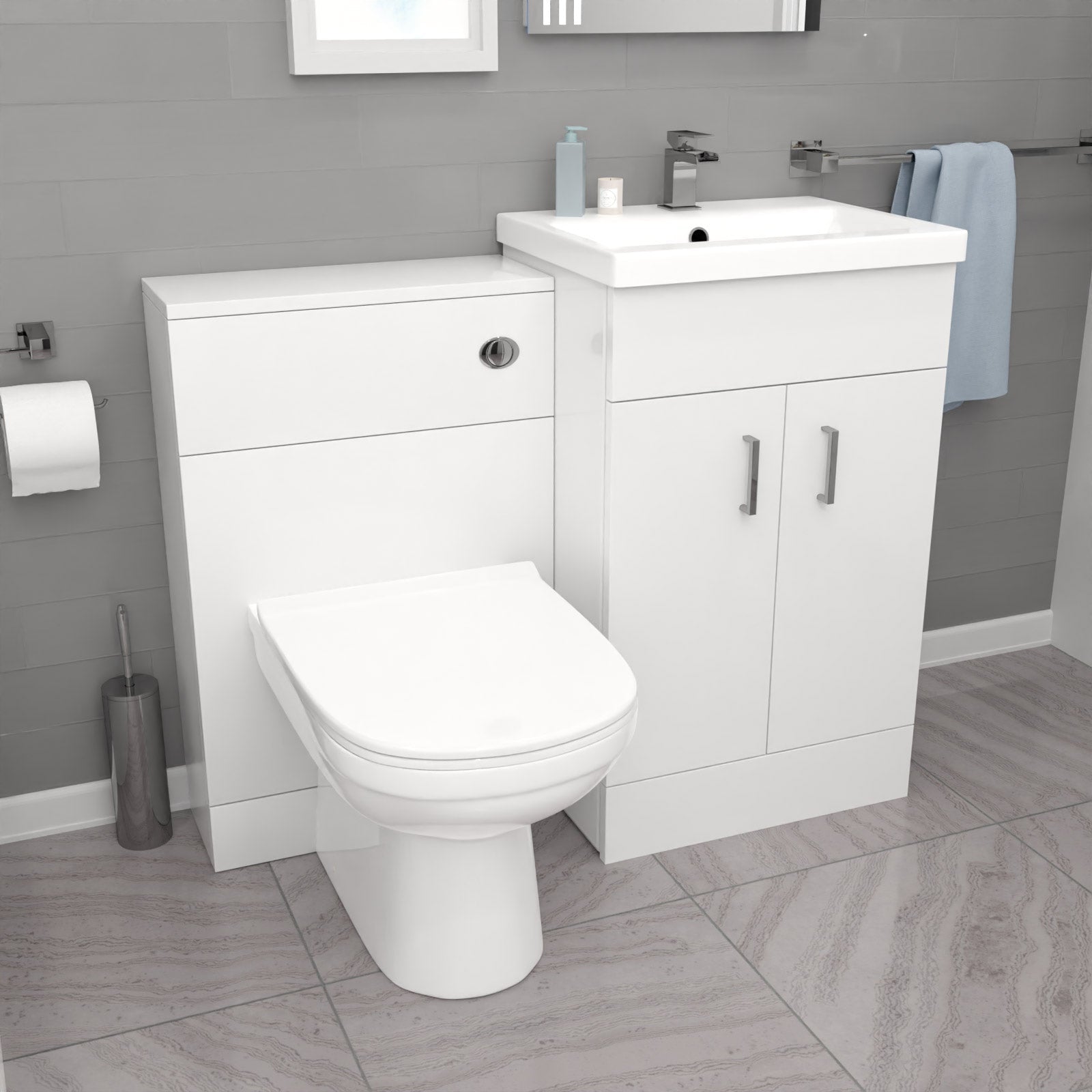 Nanuya L-Shaped RH Shower Bath Floor Standing White Basin Vanity BTW Toilet