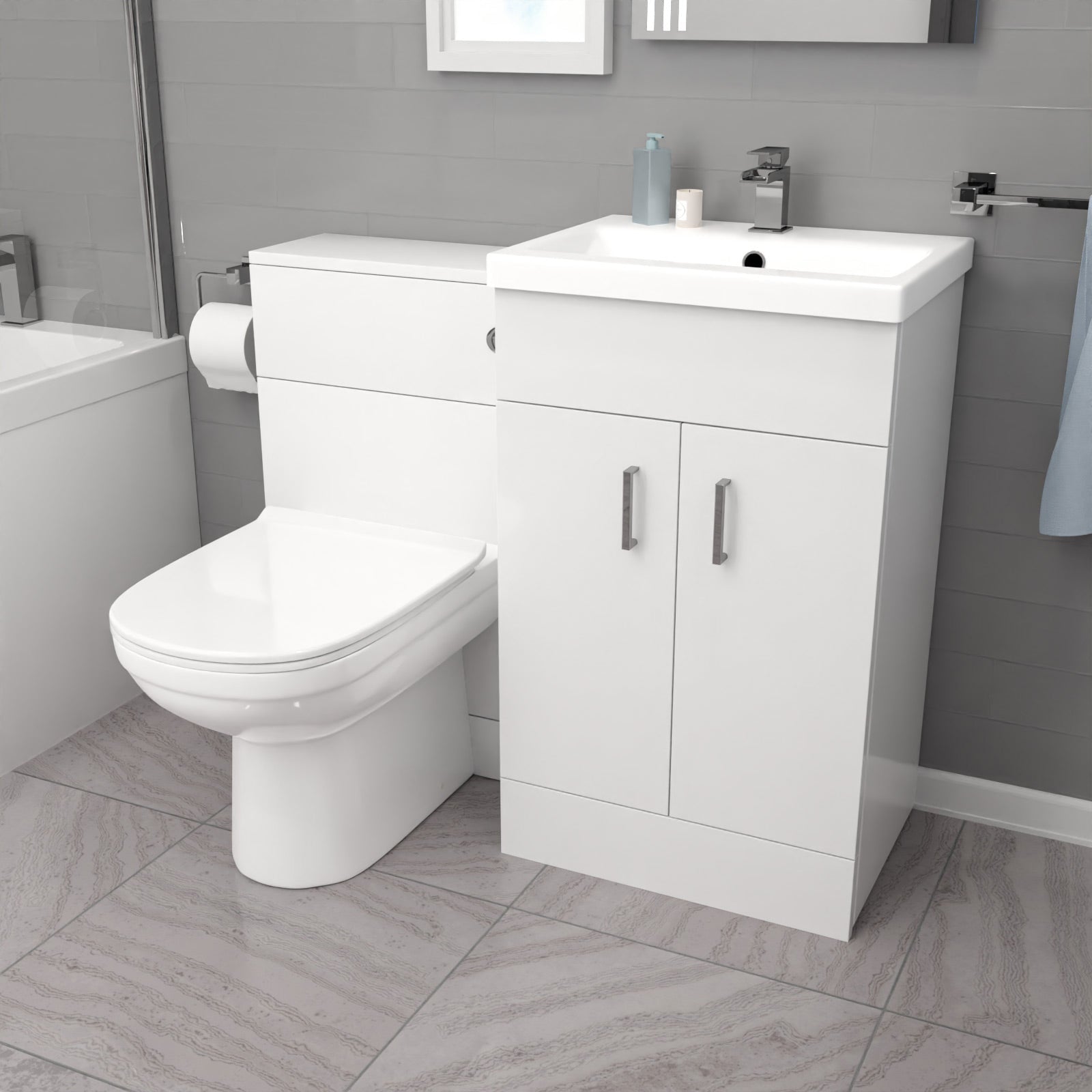 Nanuya L-Shaped RH Shower Bath Floor Standing White Basin Vanity BTW Toilet