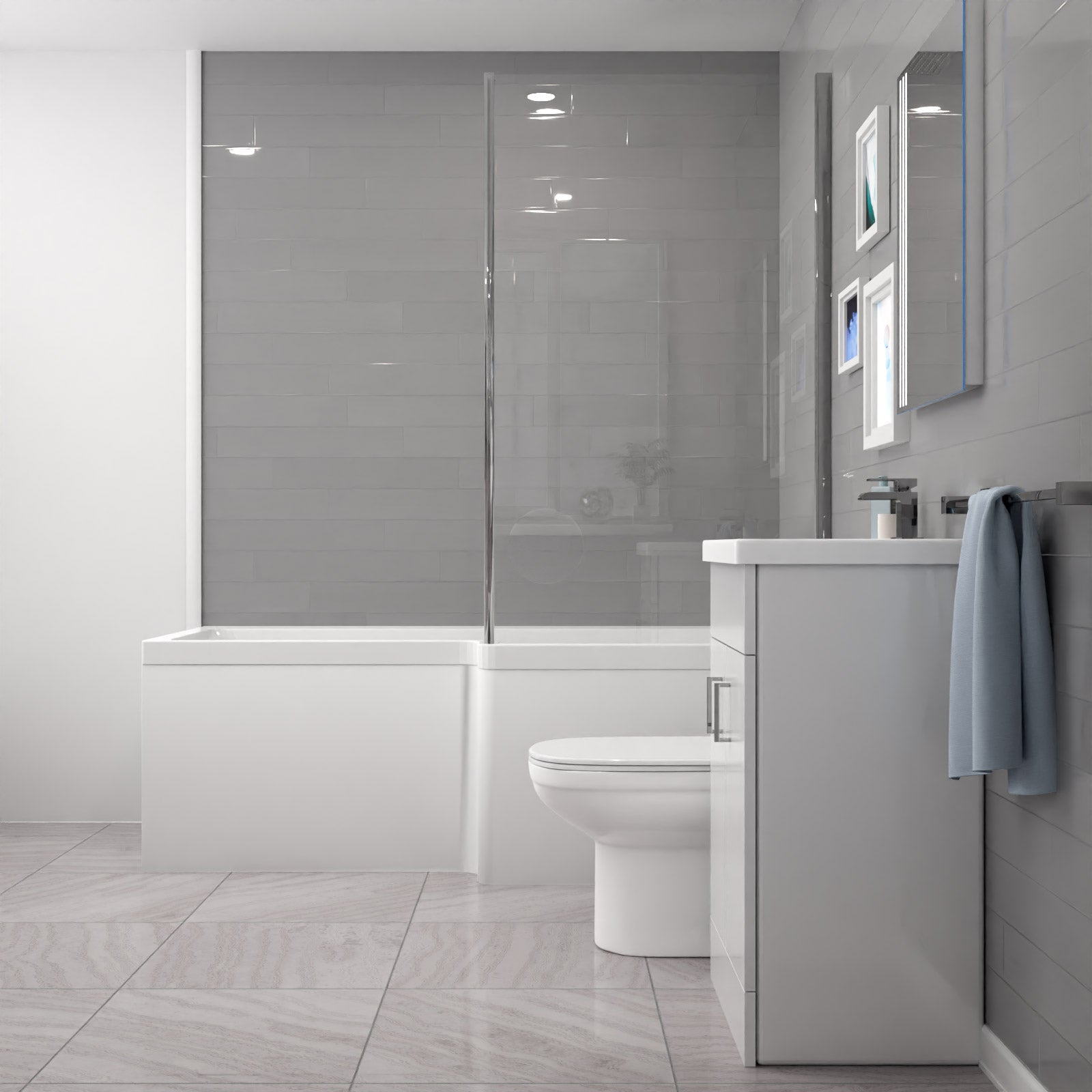 Nanuya L-Shaped RH Shower Bath Floor Standing White Basin Vanity BTW Toilet