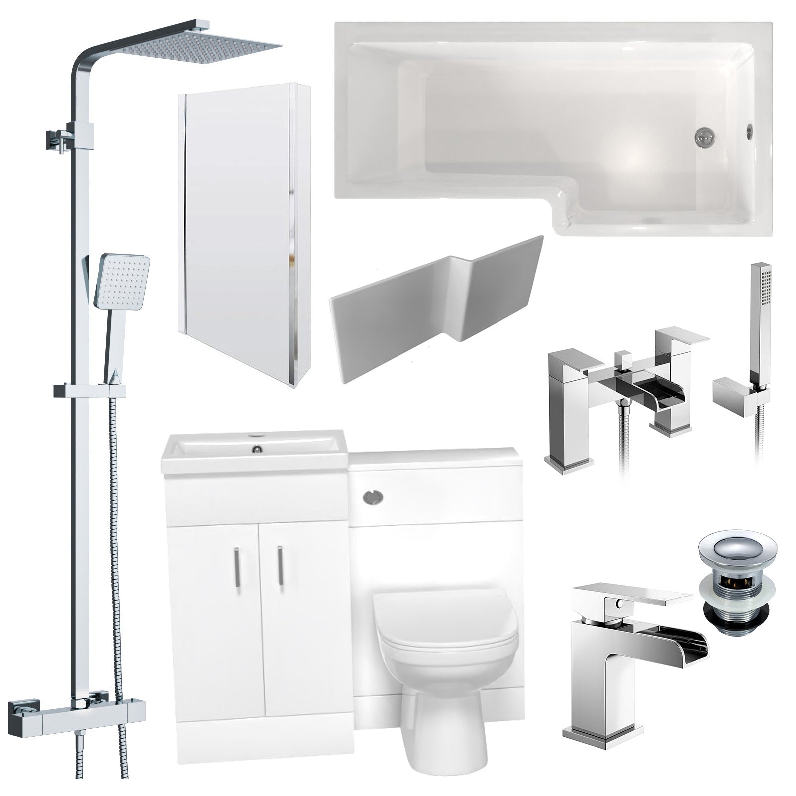 Nanuya L-Shaped Shower Bath with Vanity Unit & Toilet, Taps & Shower