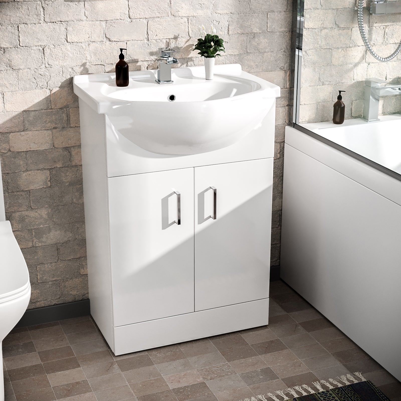 Ellen L-Shaped Shower Bath with Vanity Unit, Rimless Toilet, Taps & Shower