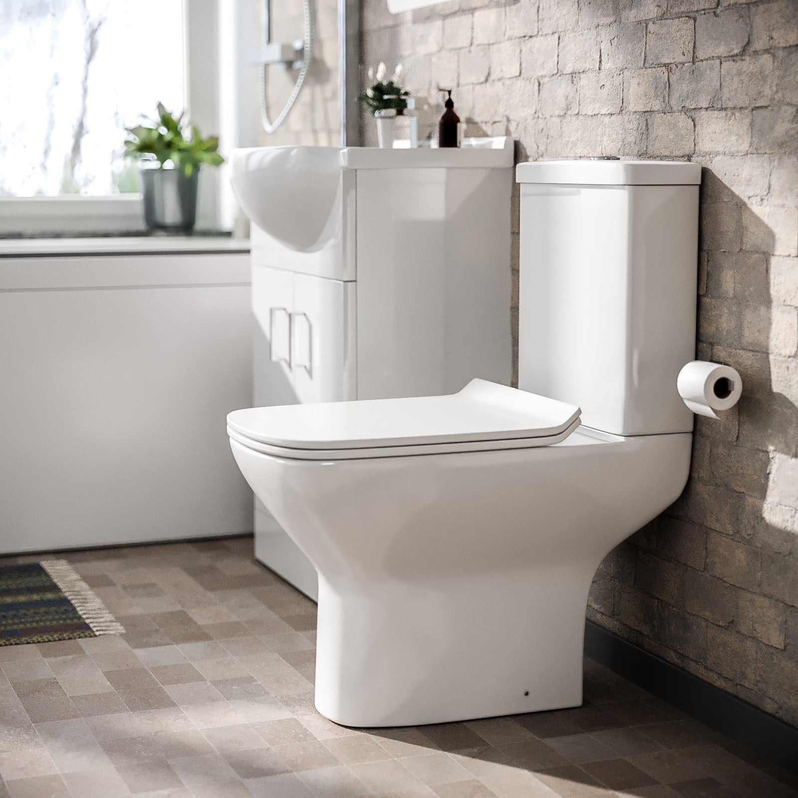 Ellen L-Shaped Shower Bath with Vanity Unit, Rimless Toilet, Taps & Shower