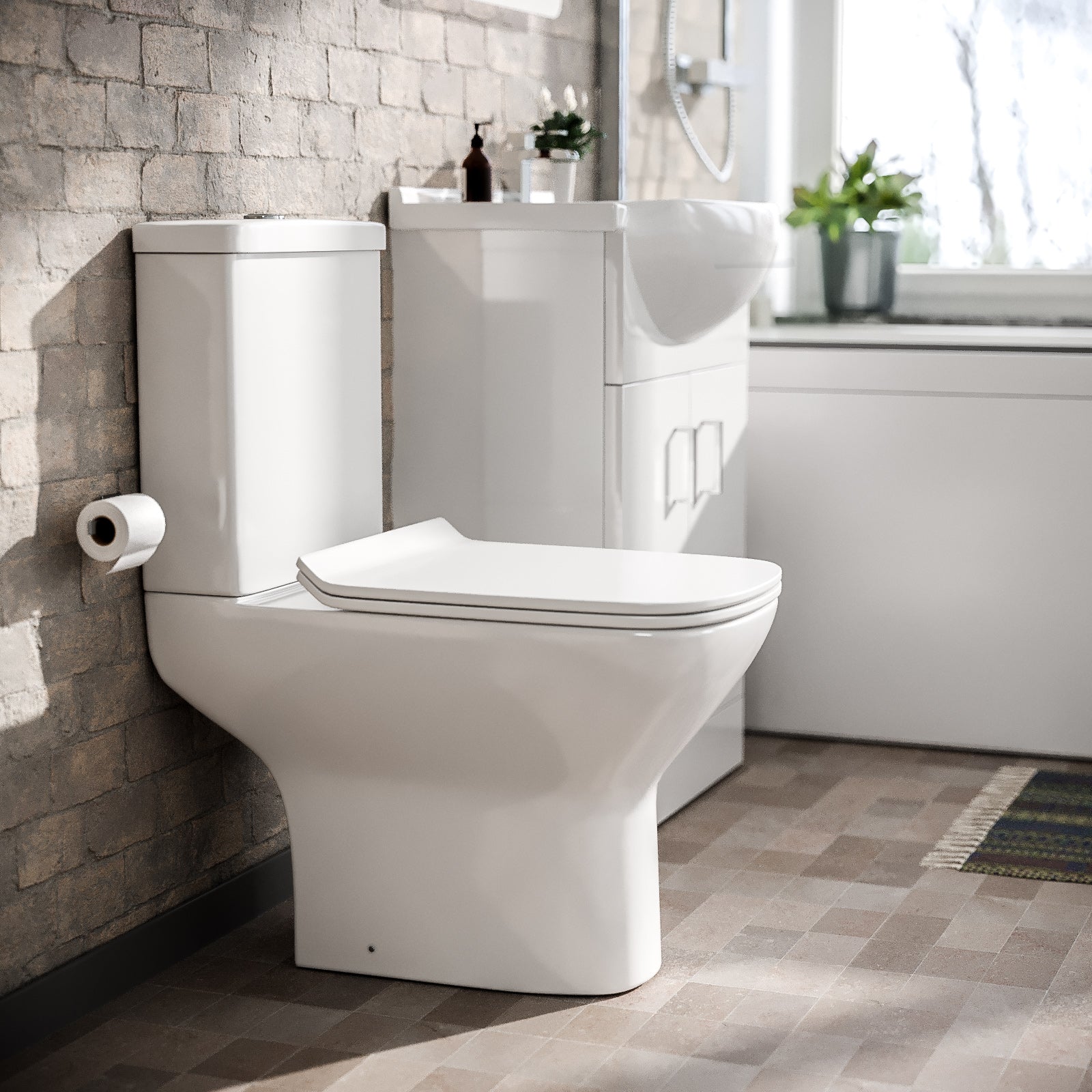 Ellen L-Shaped Shower Bath with Vanity Unit, Rimless Toilet, Taps & Shower