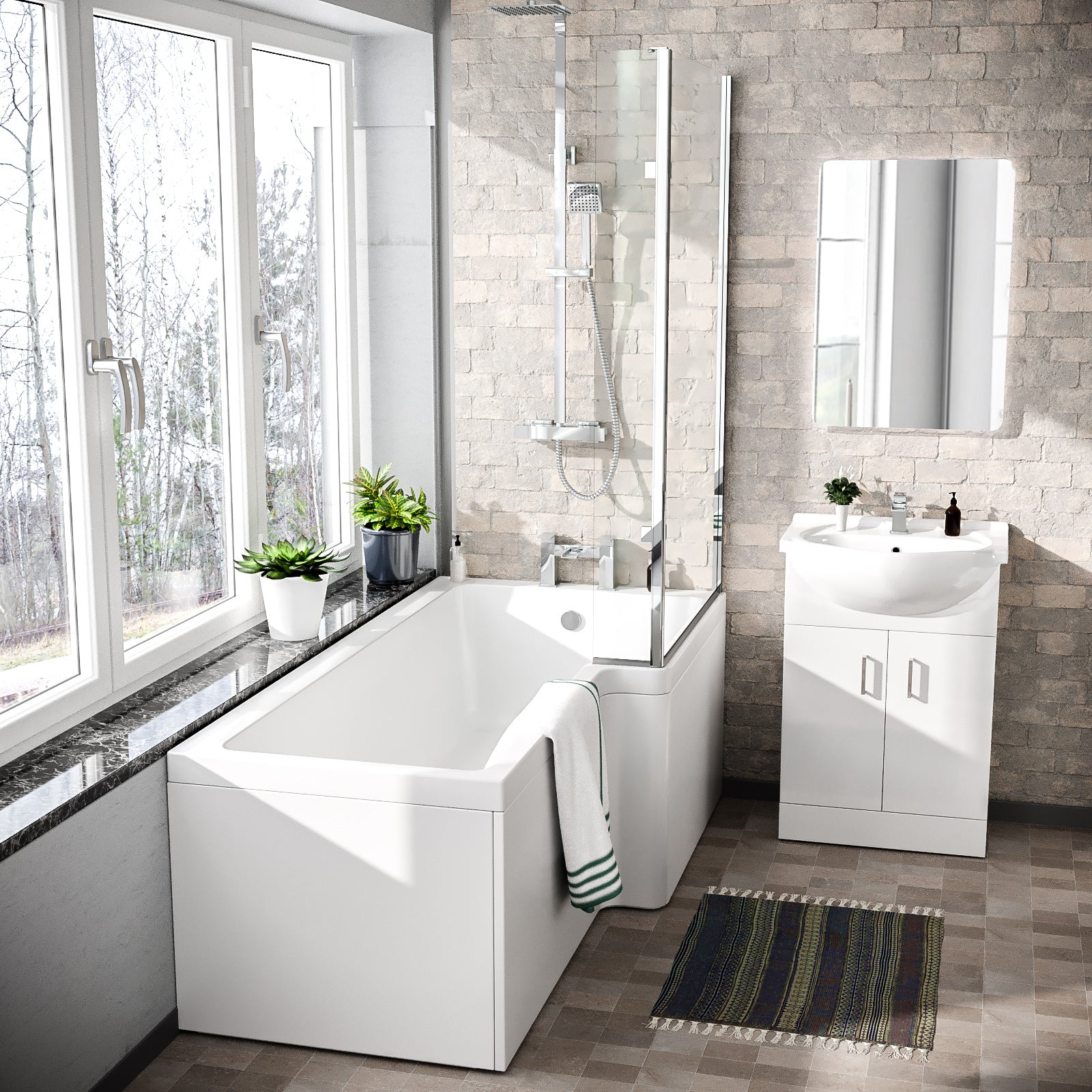 Ellen L-Shaped Shower Bath with Vanity Unit, Rimless Toilet, Taps & Shower