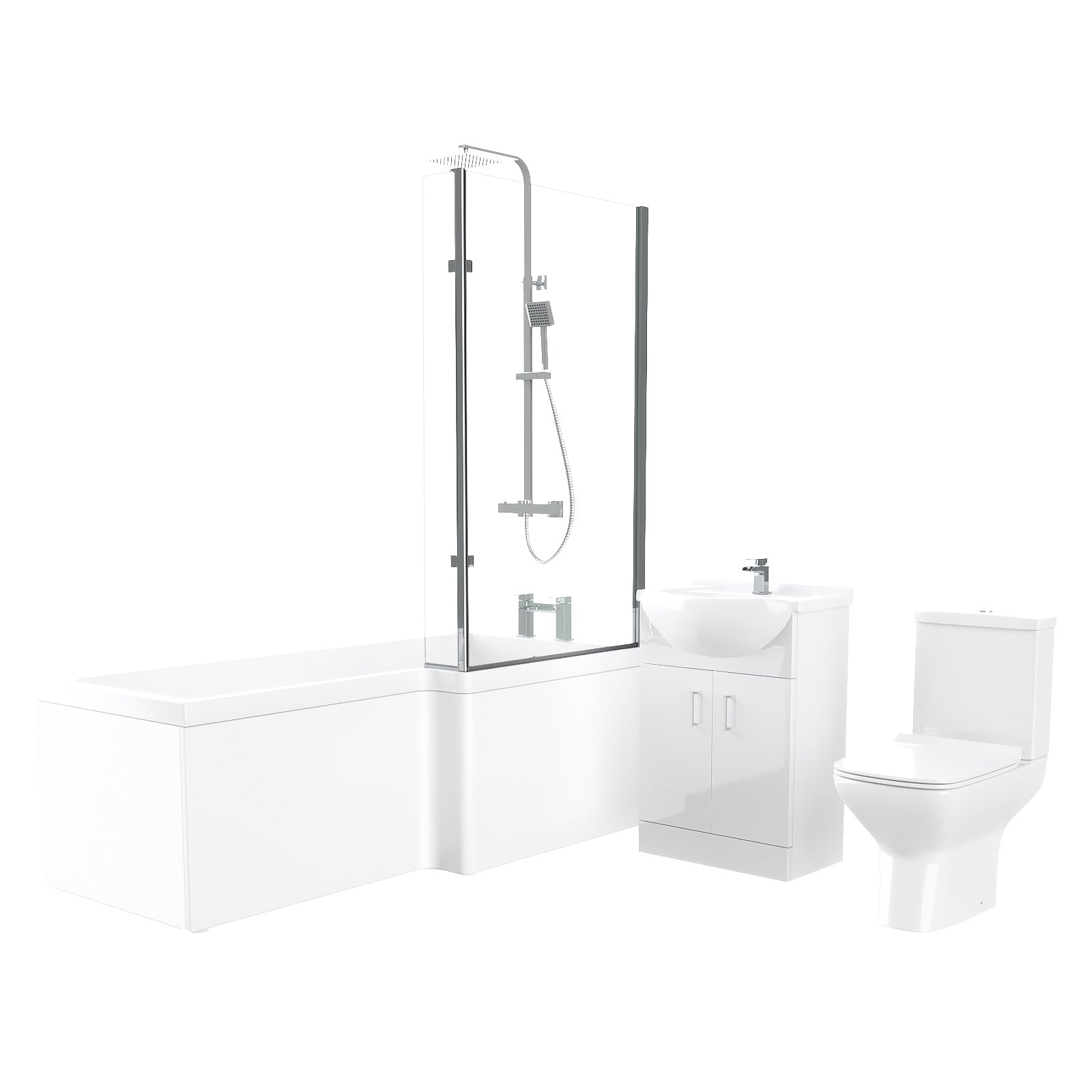 Ellen L-Shaped Shower Bath with Vanity Unit, Rimless Toilet, Taps & Shower