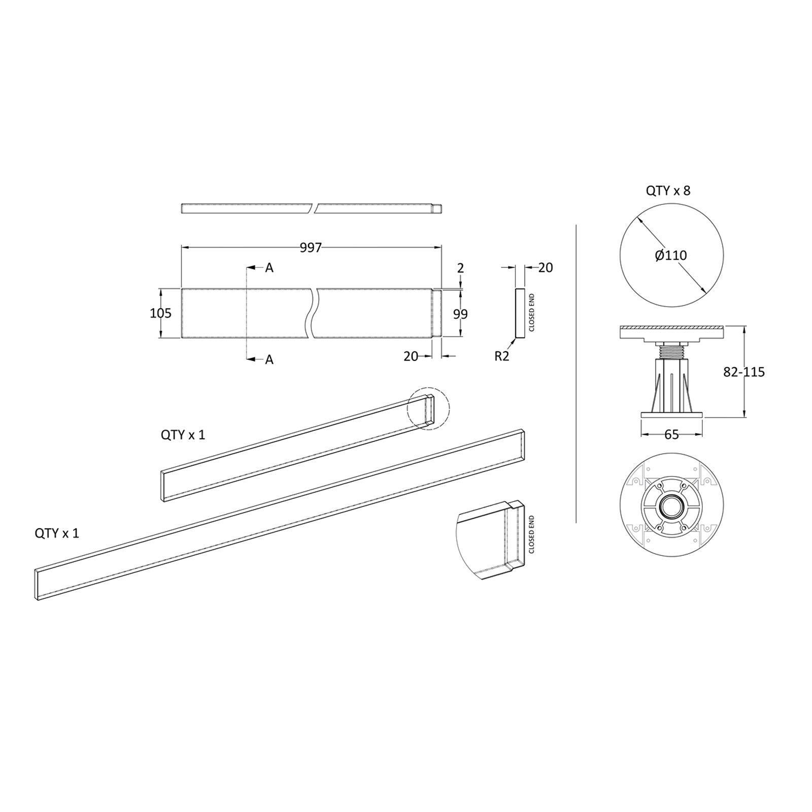 Shower Tray Panels 1000 x 1800mm & 8 Riser Legs Set