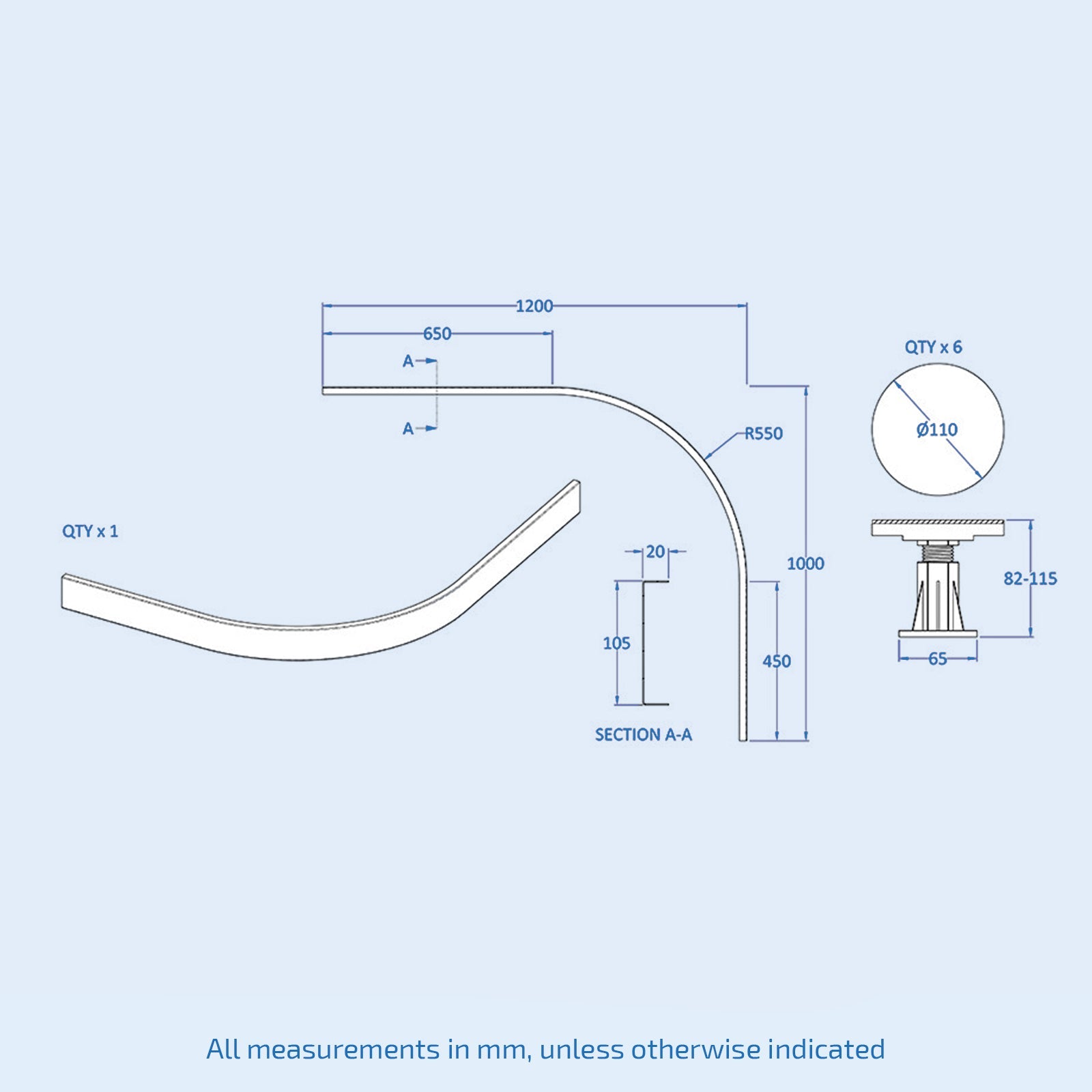 Grey Shower Tray Panel & 6pcs Bath Legs For 700-900 Quadrant Tray