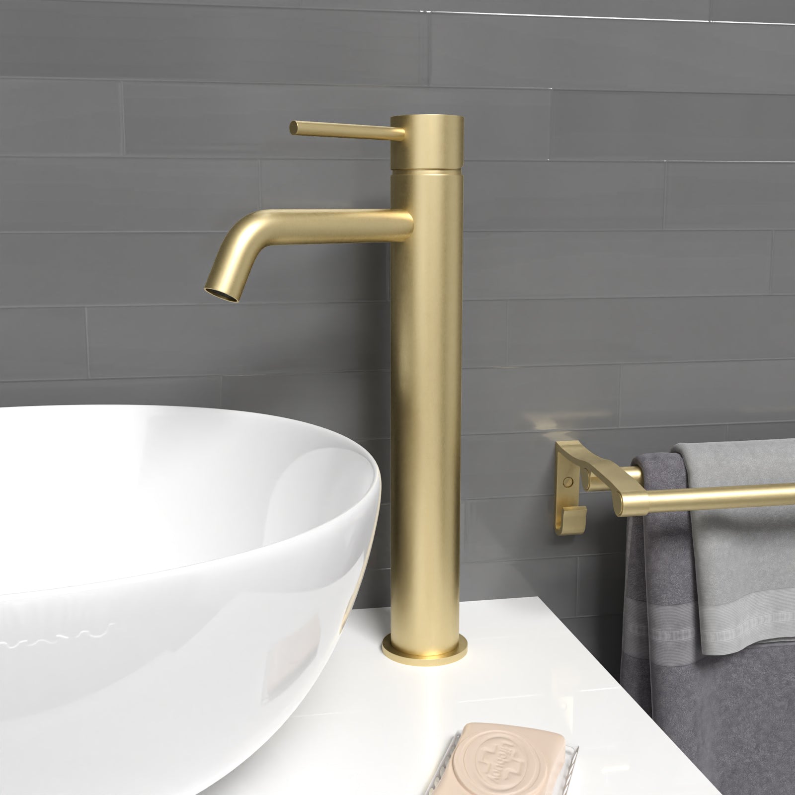 Alice Countertop Brushed Brass Tall Round Single Lever Basin Mono Mixer Tap