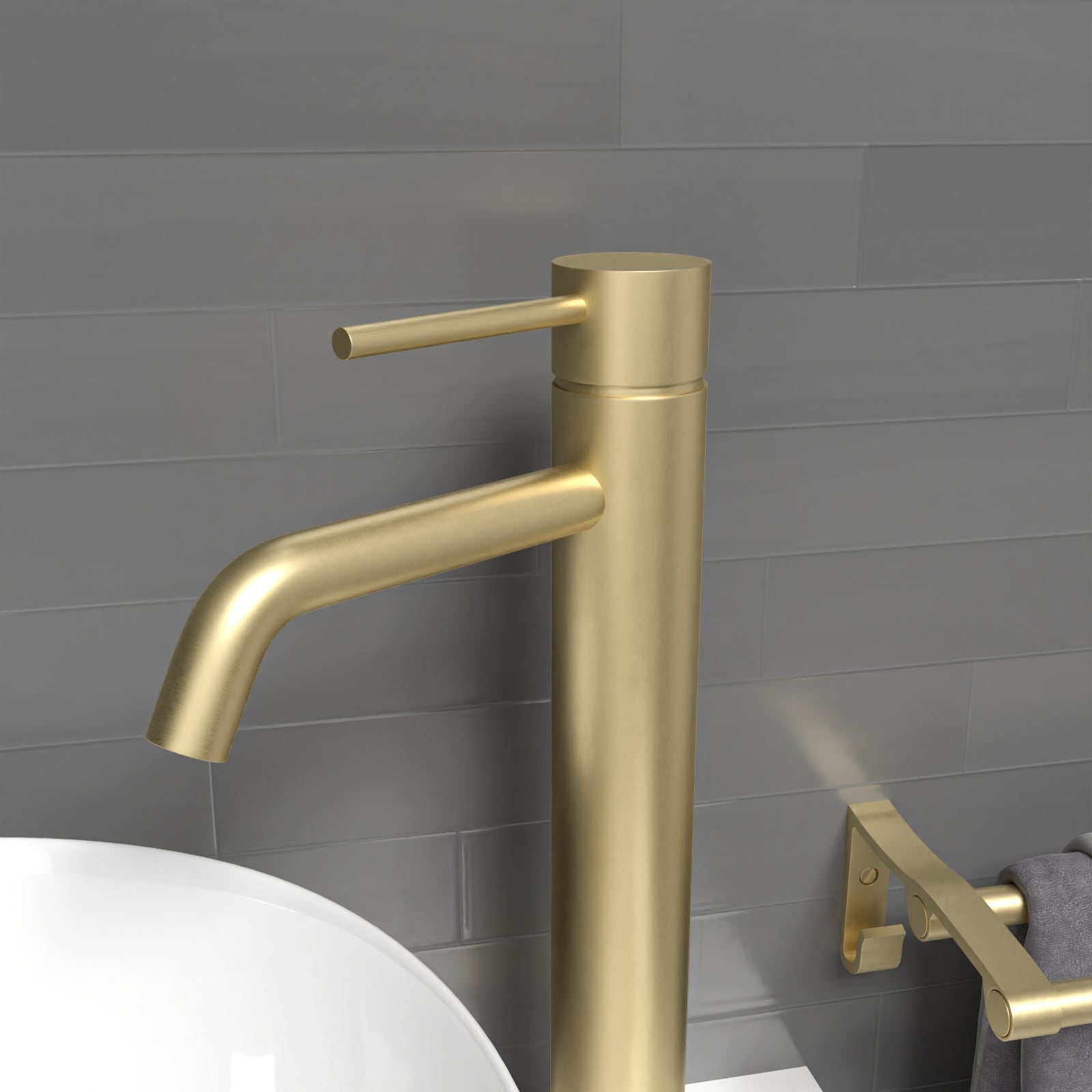 Alice Countertop Brushed Brass Tall Round Single Lever Basin Mono Mixer Tap