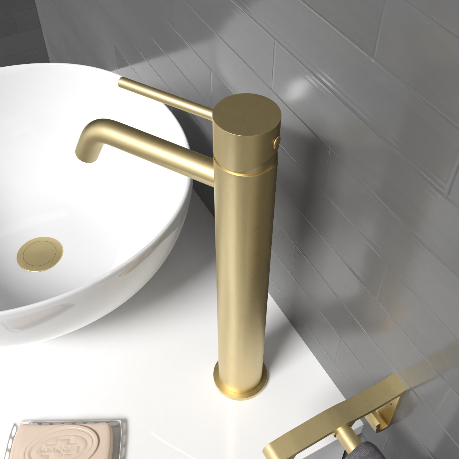 Alice Countertop Brushed Brass Tall Round Single Lever Basin Mono Mixer Tap