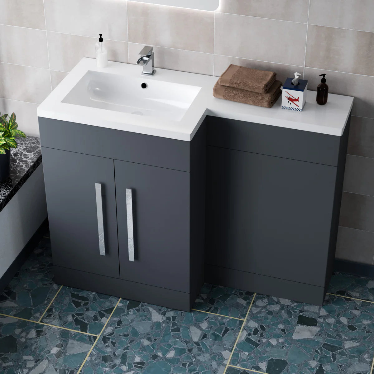 1100mm Left Hand Dark Matte Grey Bathroom Basin Combination Vanity Unit