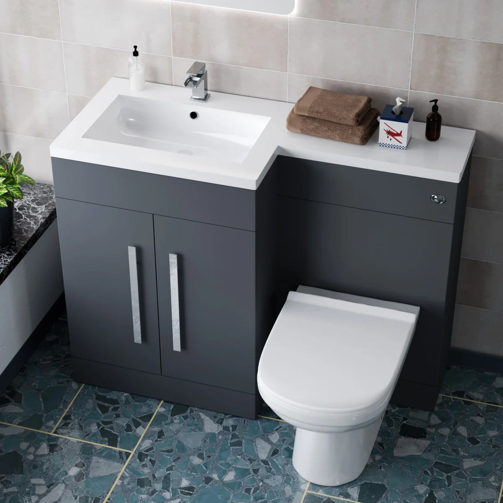 1100mm Left Hand Matte Dark Grey Basin Vanity WC Unit & Toilet Set