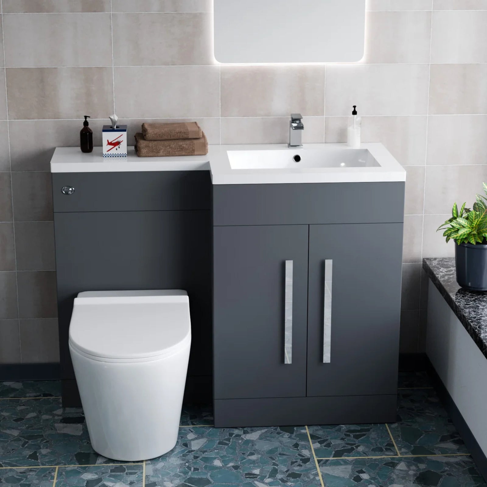 1100mm RH Matte Dark Grey Basin Vanity WC Unit & Back To Wall Toilet