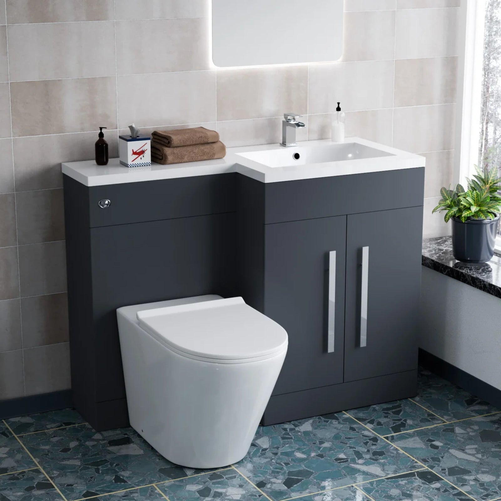 1100mm RH Matte Dark Grey Basin Vanity WC Unit & Back To Wall Toilet