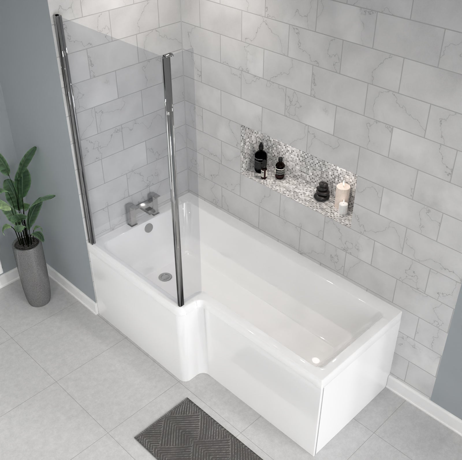 1700 x 850mm Left Hand L Shaped Shower Bath With Front End Panel & Hinged Shower Screen