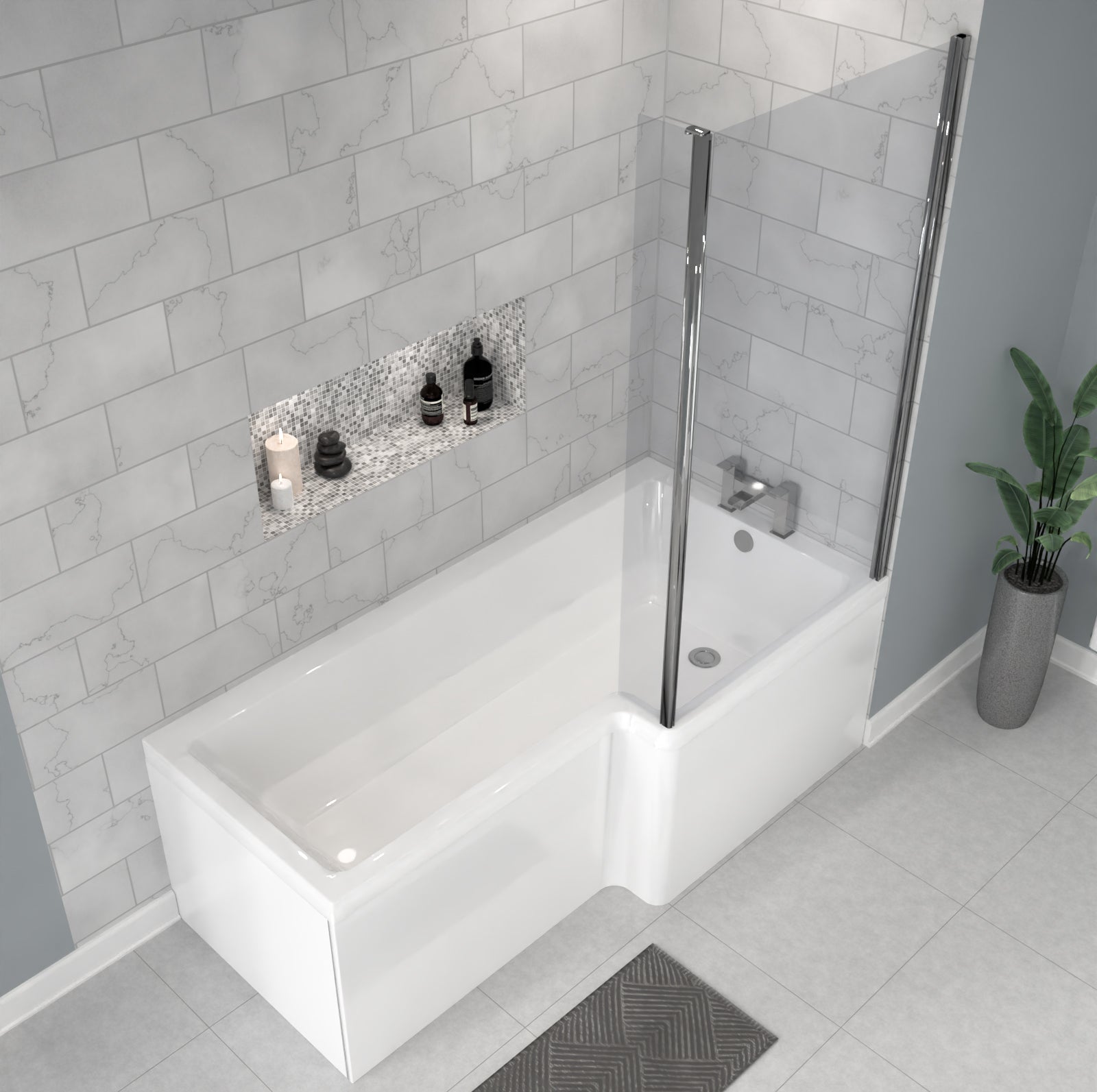 1700 x 850mm Right Hand L Shaped Shower Bath With Front Panel & Hinged Shower Screen