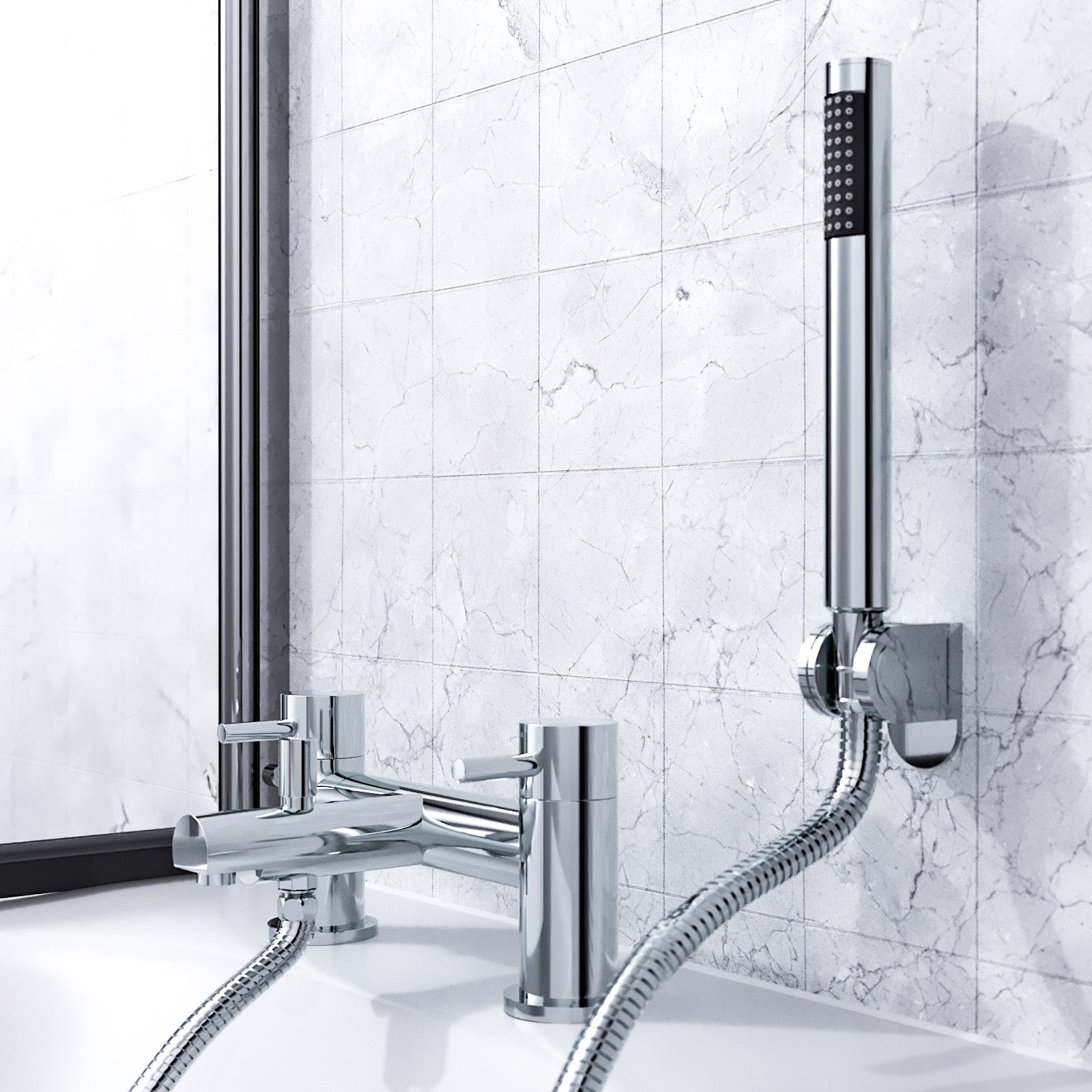 Kyic Modern Bridge Deck Mounted Bath Filler Shower Mixer Tap With Handheld Kit