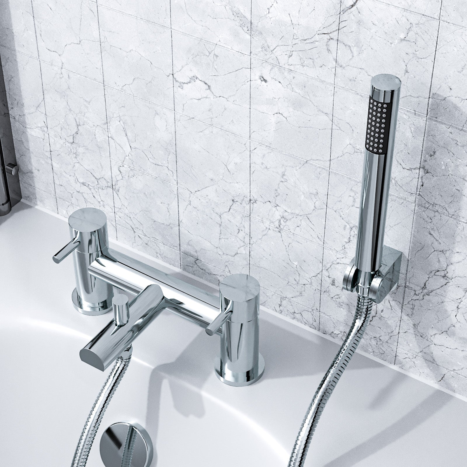 Kyic Modern Bridge Deck Mounted Bath Filler Shower Mixer Tap With Handheld Kit