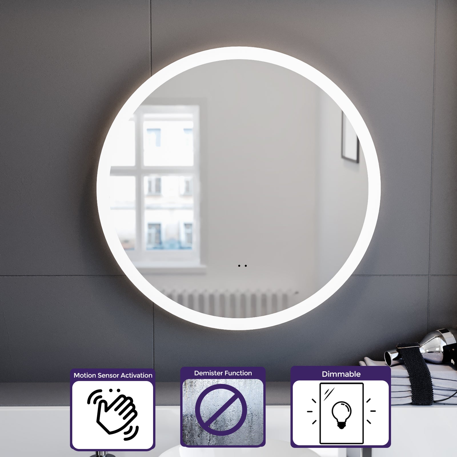 Lawerence Round Motion Sensor Bathroom LED Mirror Demister Anti-fog 600mm