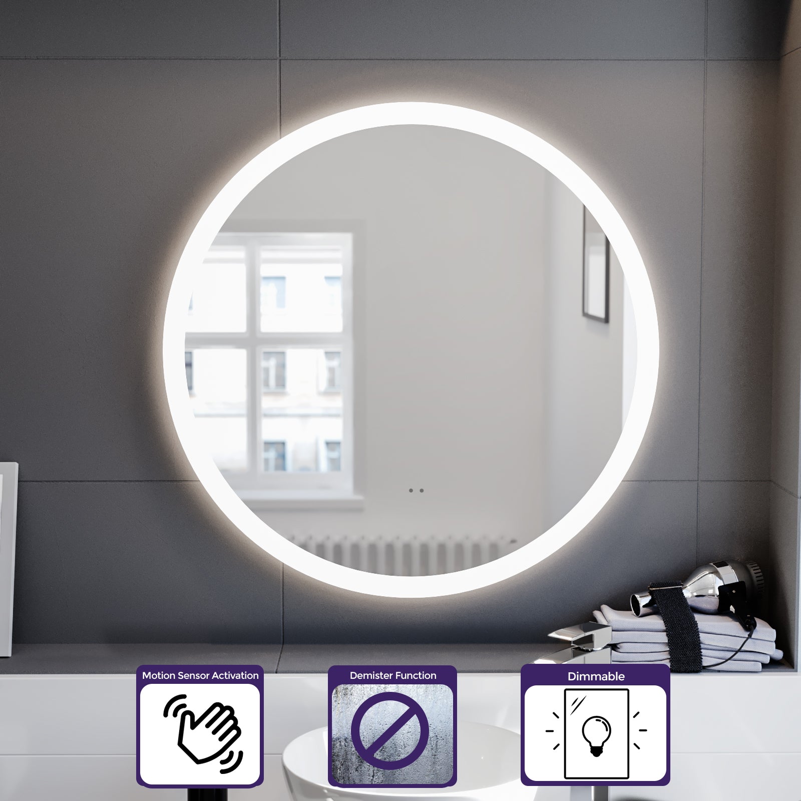 Lawerence Round Motion Sensor Bathroom LED Mirror Demister Anti-fog 700mm