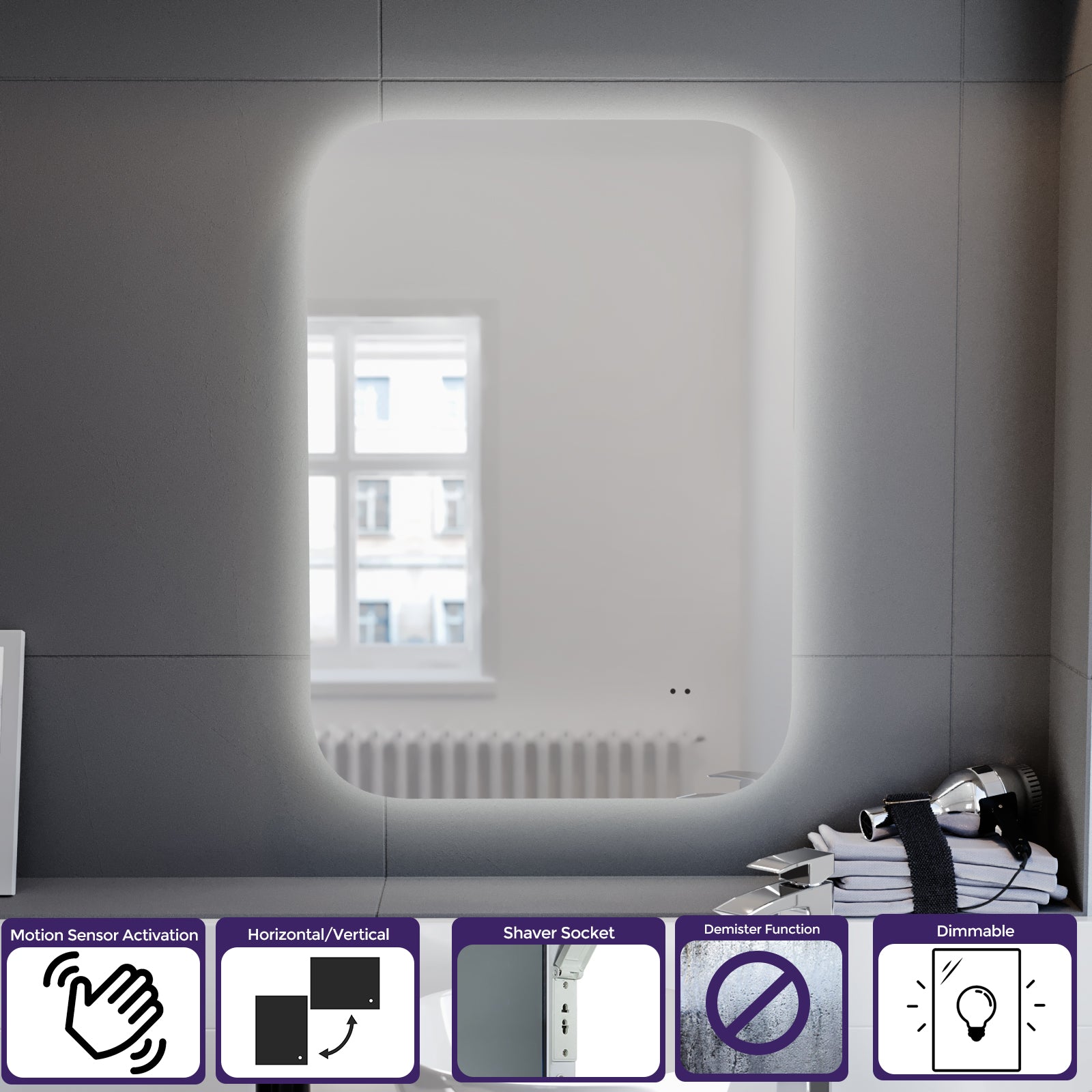 Motion Sensor Bathroom LED Mirror Shaver Socket Demister 500 x 700mm