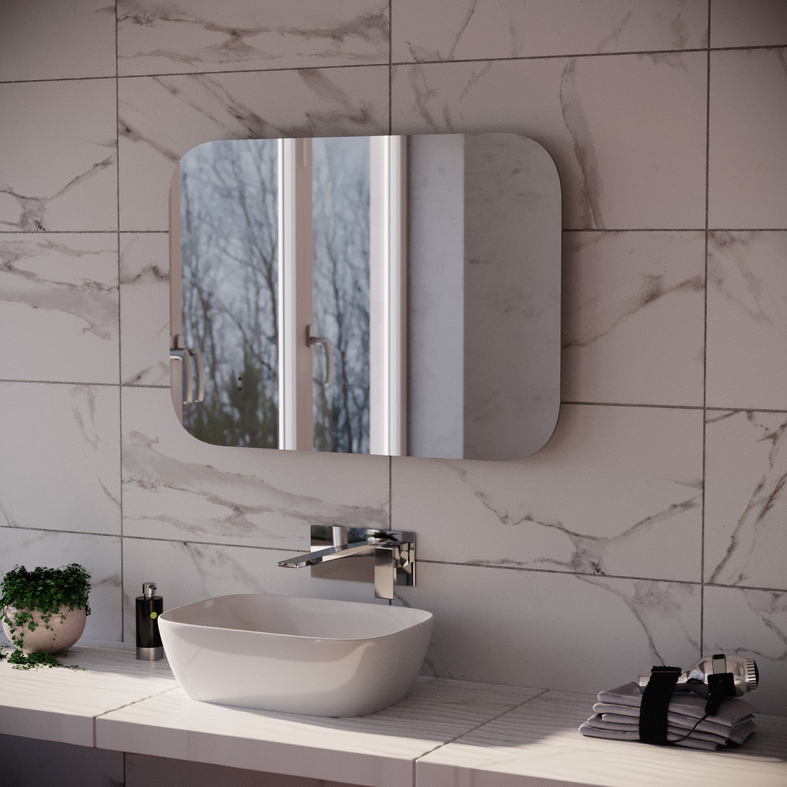 Motion Sensor Bathroom LED Mirror Rectangular Round Edge Shaver Socket Demister 600 x 800mm