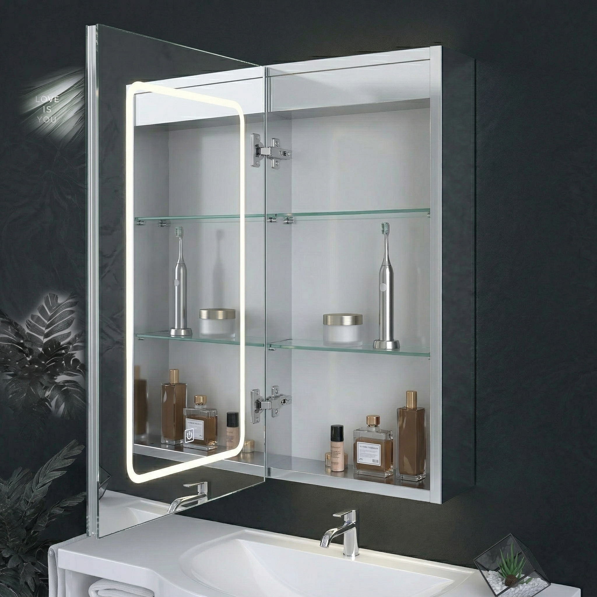 Kartell Fine 500mm W x 700mm H Chrome Frameless LED Mirror Cabinet Wall Mounted with Charger Socket - MIR104