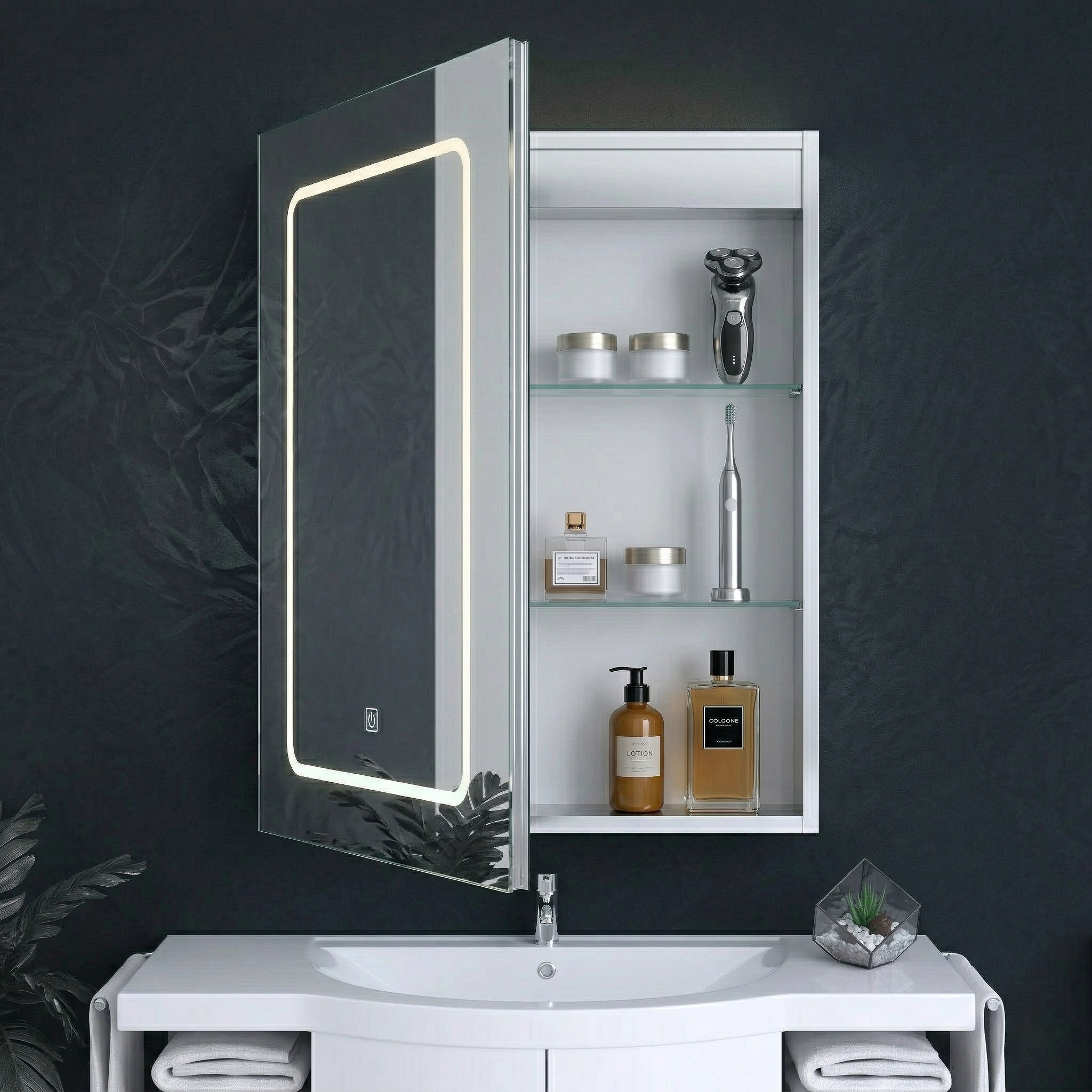 Kartell Fine 500mm W x 700mm H Chrome Frameless LED Mirror Cabinet Wall Mounted with Charger Socket - MIR104