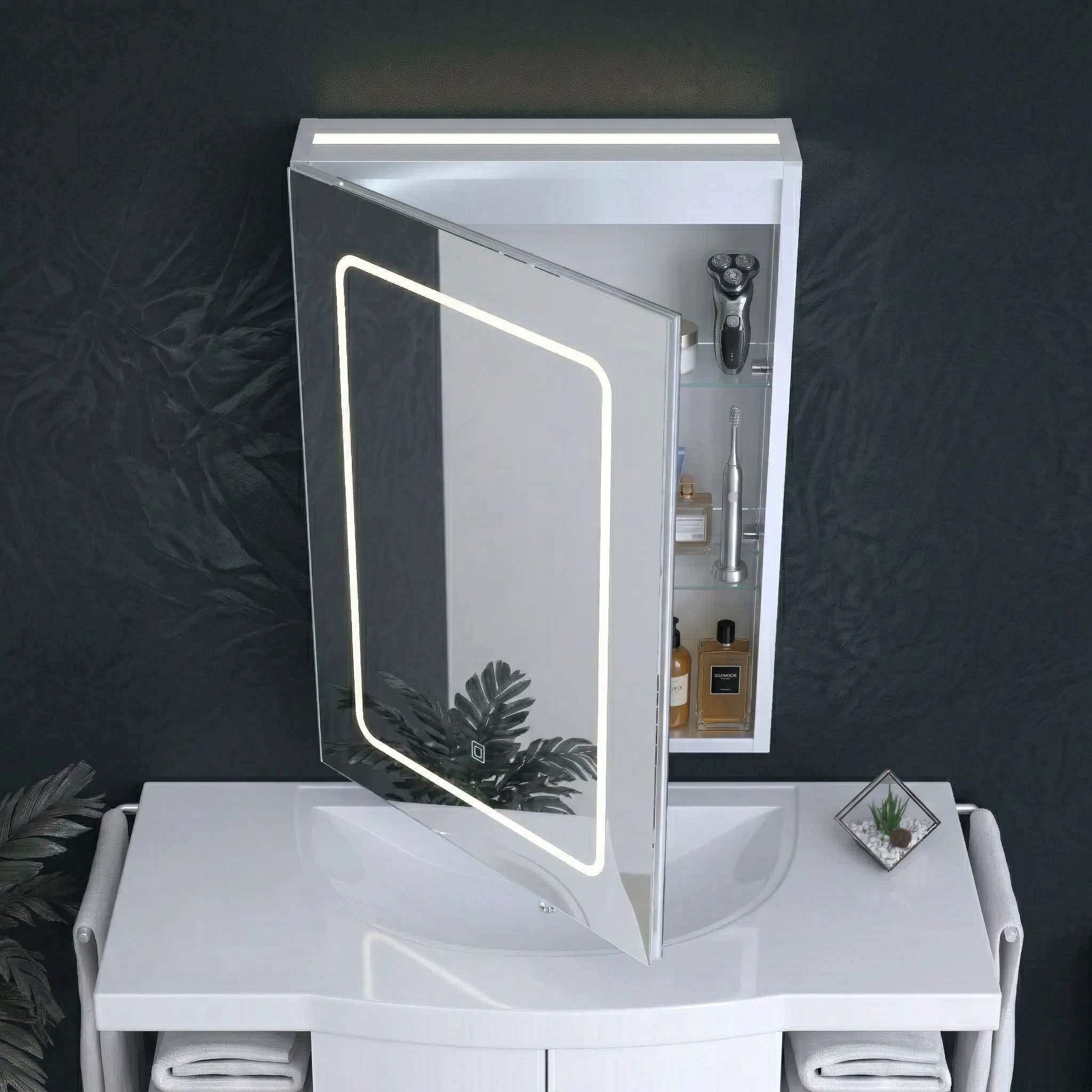 Kartell Fine 500mm W x 700mm H Chrome Frameless LED Mirror Cabinet Wall Mounted with Charger Socket - MIR104
