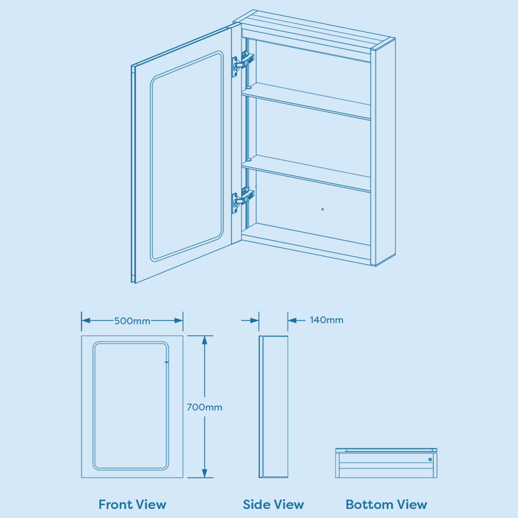 Kartell Fine 500mm W x 700mm H Chrome Frameless LED Mirror Cabinet Wall Mounted with Charger Socket - MIR104