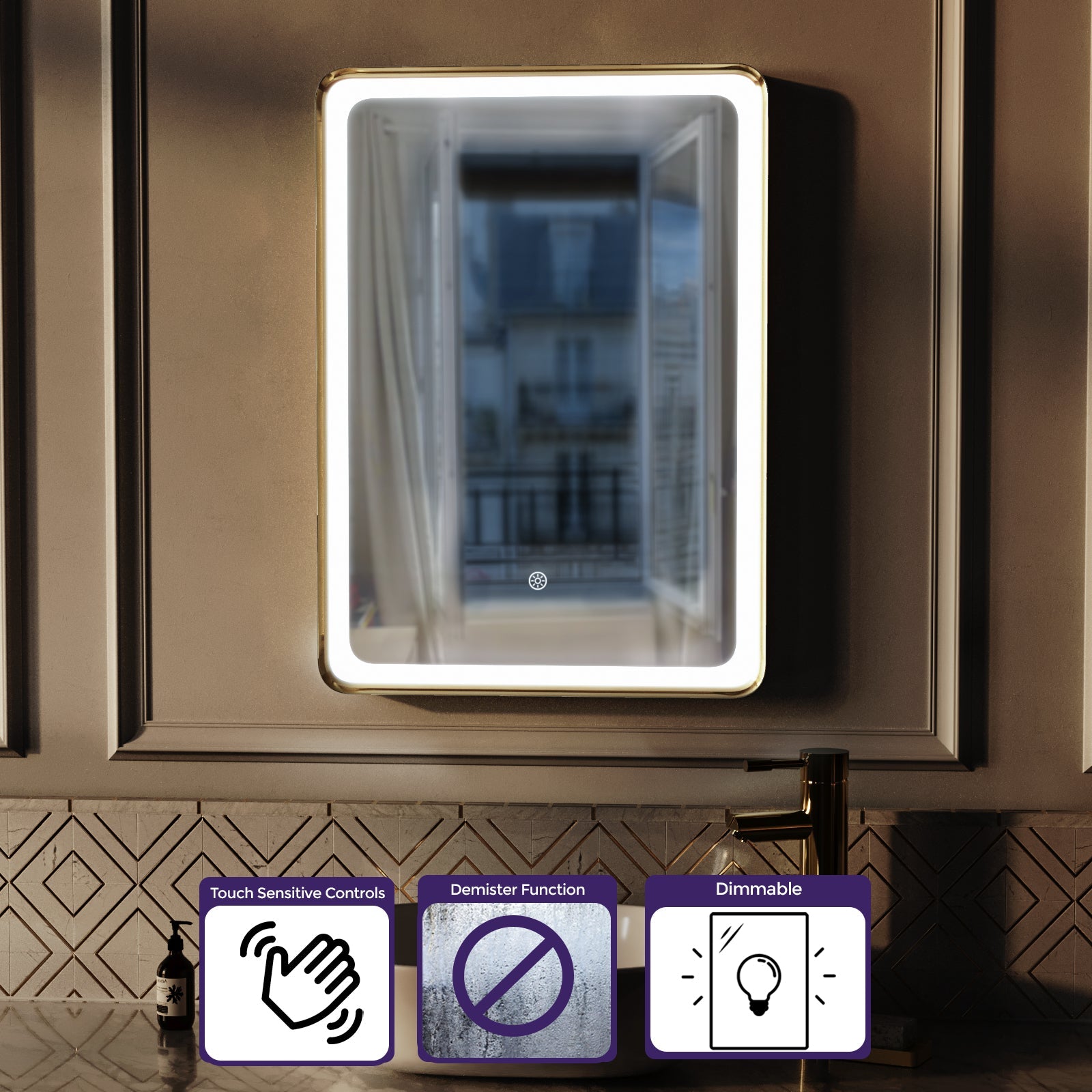 Herley Bathroom LED Mirror Demister Touch Sensor 500 x 700mm Brushed Brass