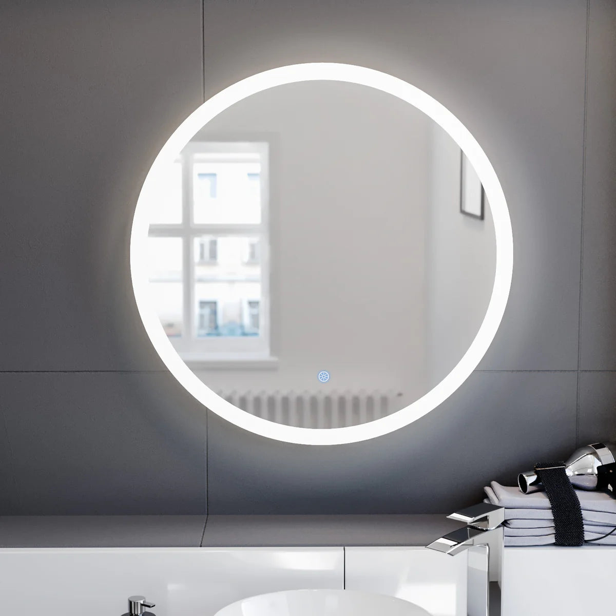 Home Modern Round Bathroom LED Mirror with Battery Powered Touch 600mm