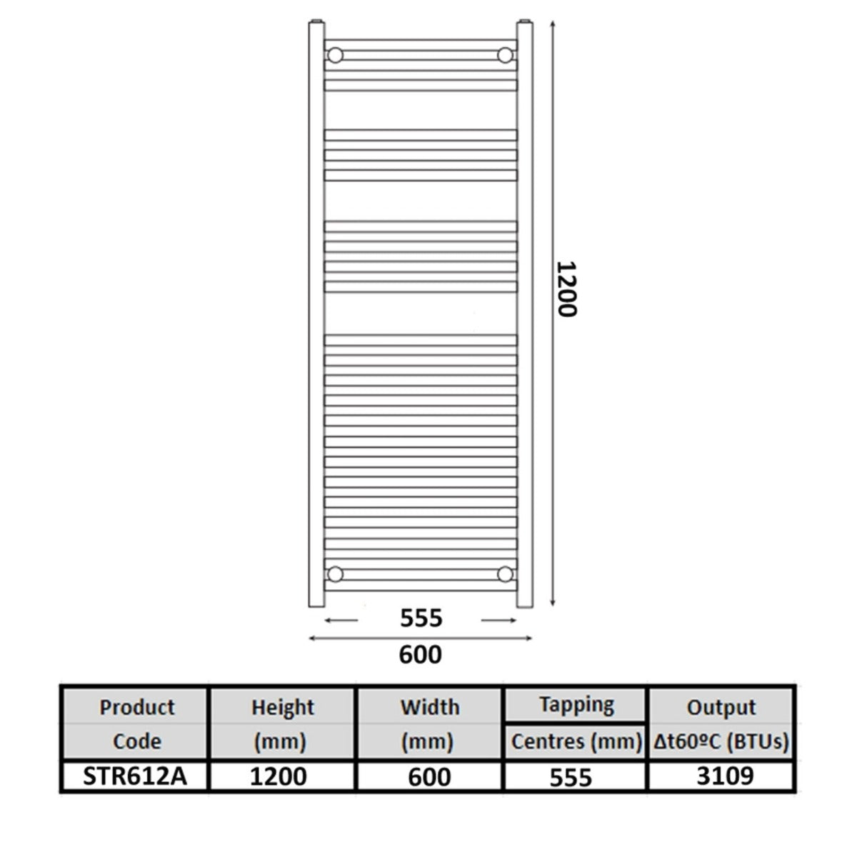 Heated towel rail with dimensions and specifications on a white background