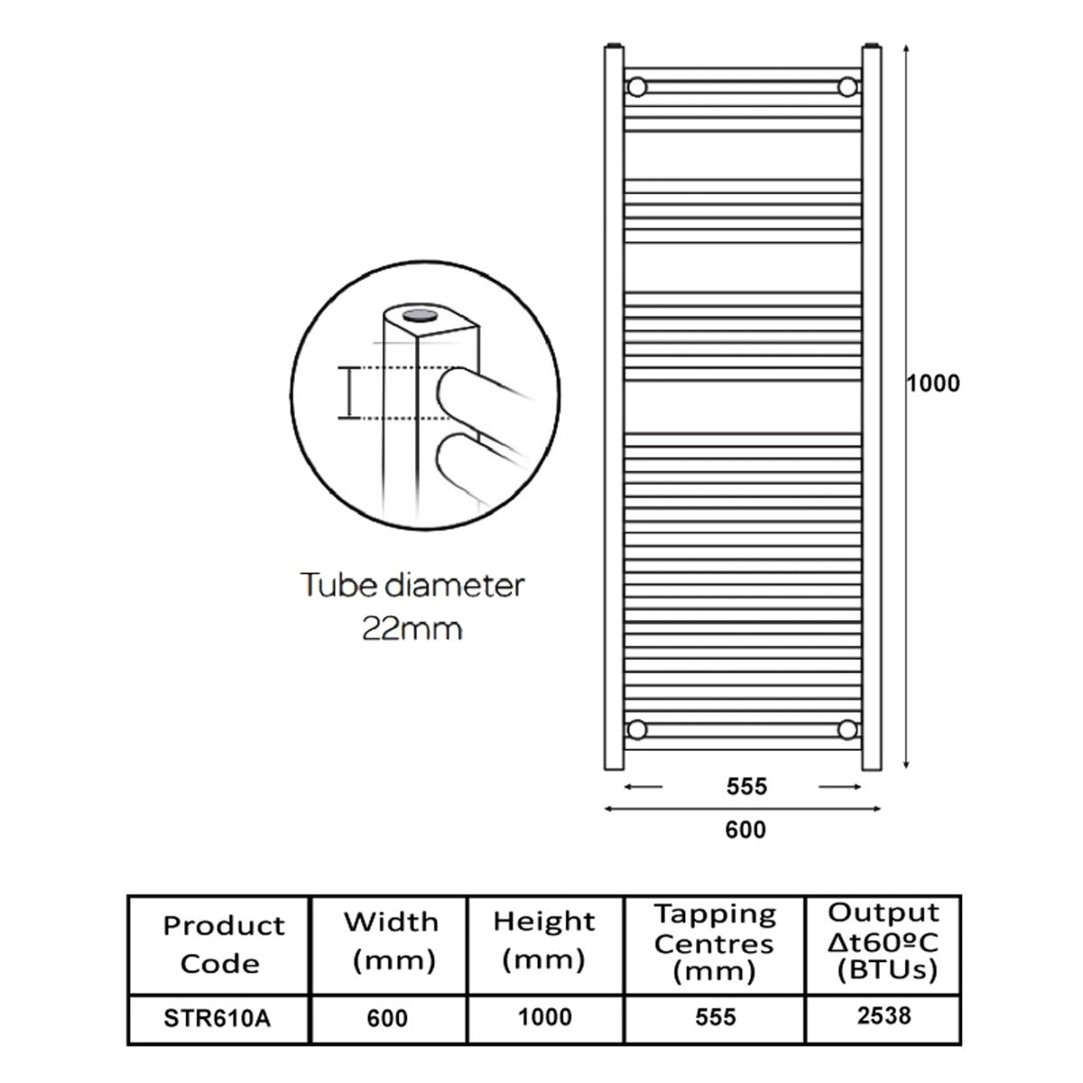 Technical drawing of a radiator with dimensions and specifications.