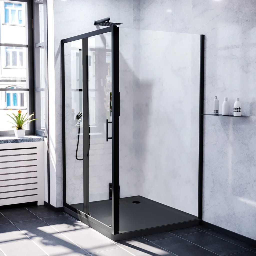 Magna Matte Black Framed Sliding Door Enclosure with Slate Grey Shower Tray -Front Image