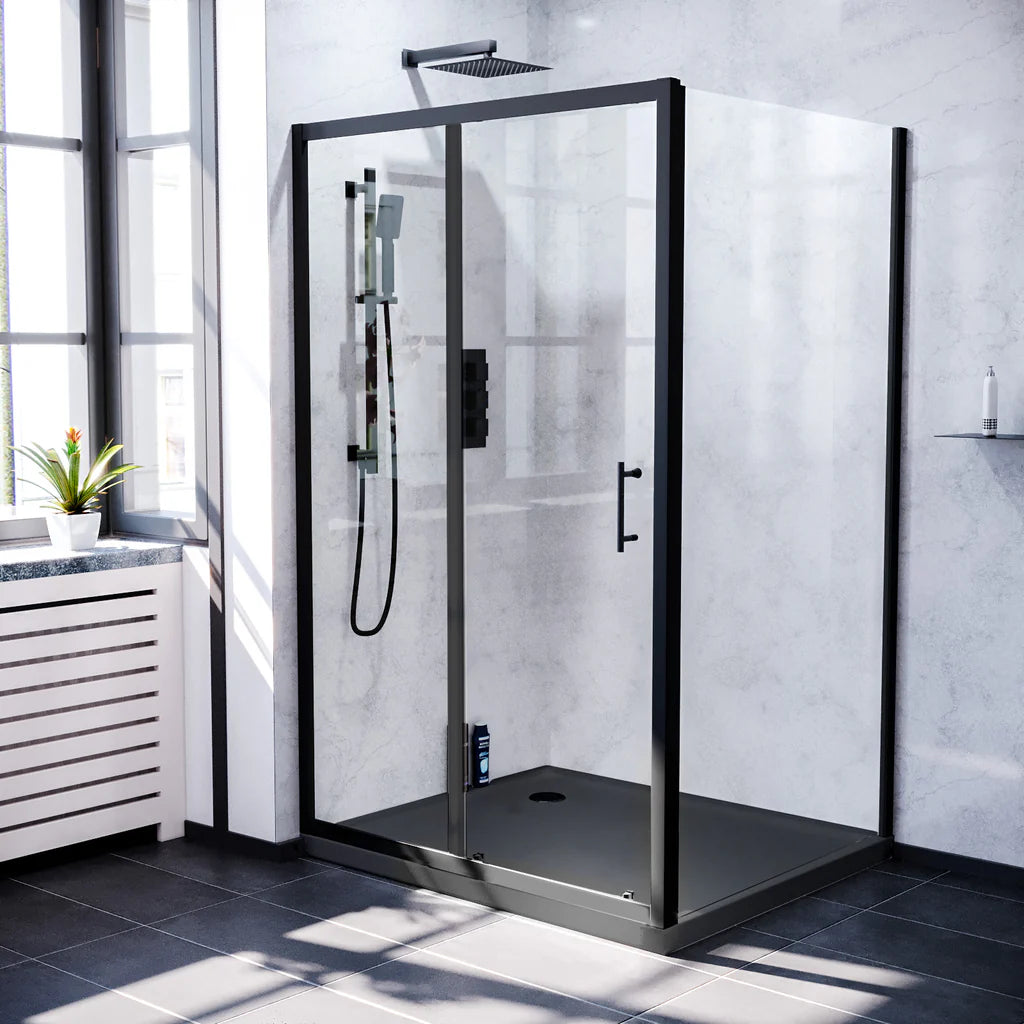 Magna Matte Black Framed Sliding Door Enclosure with Slate Grey Shower Tray -Front Image