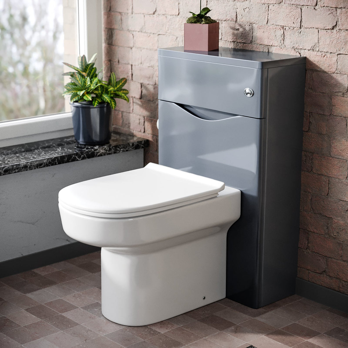 Merton Modern Grey 500mm WC Unit and BTW Back To Wall Toilet Pan Soft Close Seat