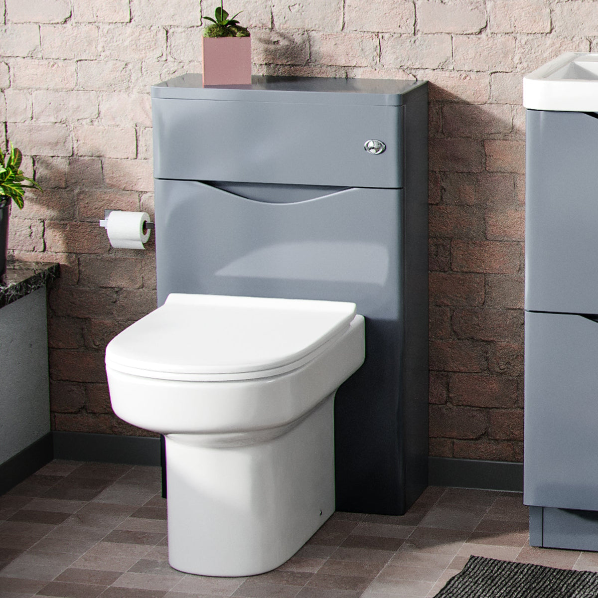Merton Modern Grey 500mm WC Unit and BTW Back To Wall Toilet Pan Soft Close Seat