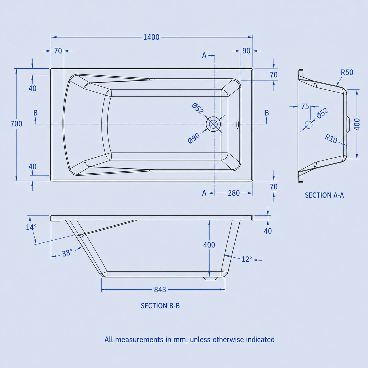 1400 x 700mm White Square Single Ended Bath with Bath Leg