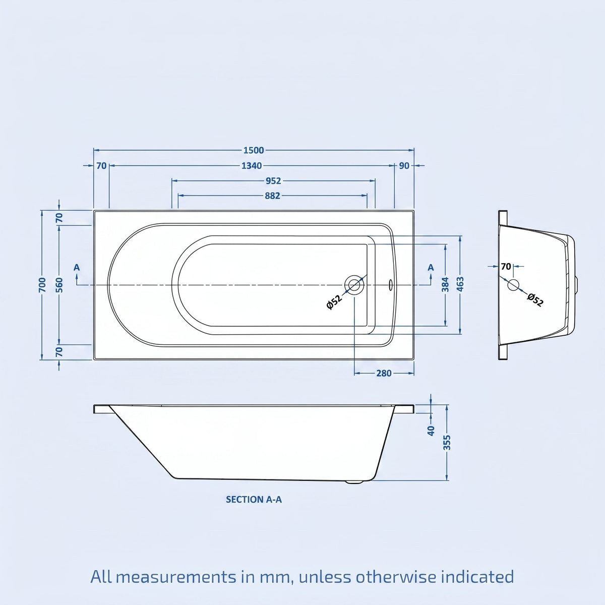 1500 x 700mm Round Bath with Legs and Brushed Brass Frame Curved Bath Screen