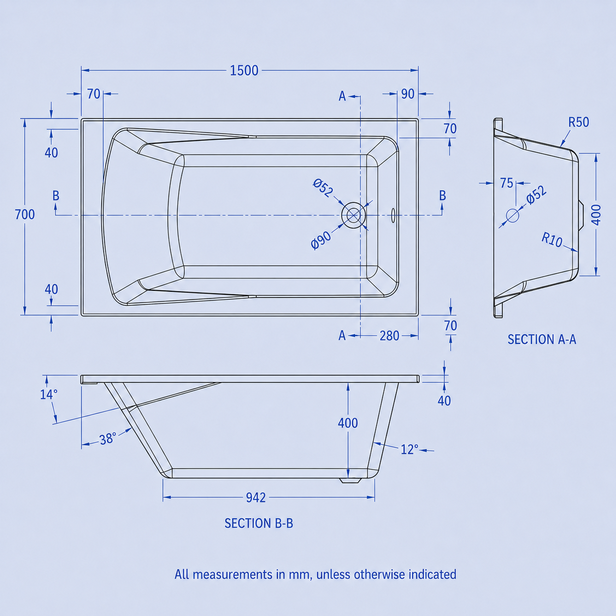 1500 x 700mm White Square Single Ended Bath with Bath Leg