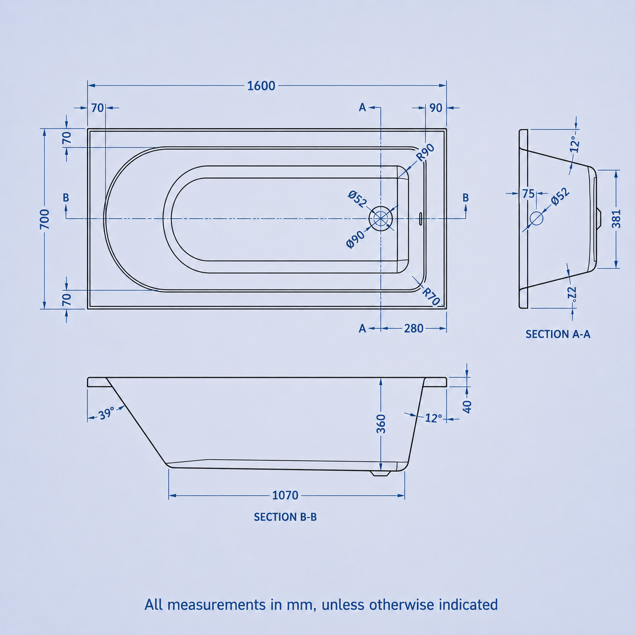 1600 x 700mm White Round Single Ended Bath with Bath Leg