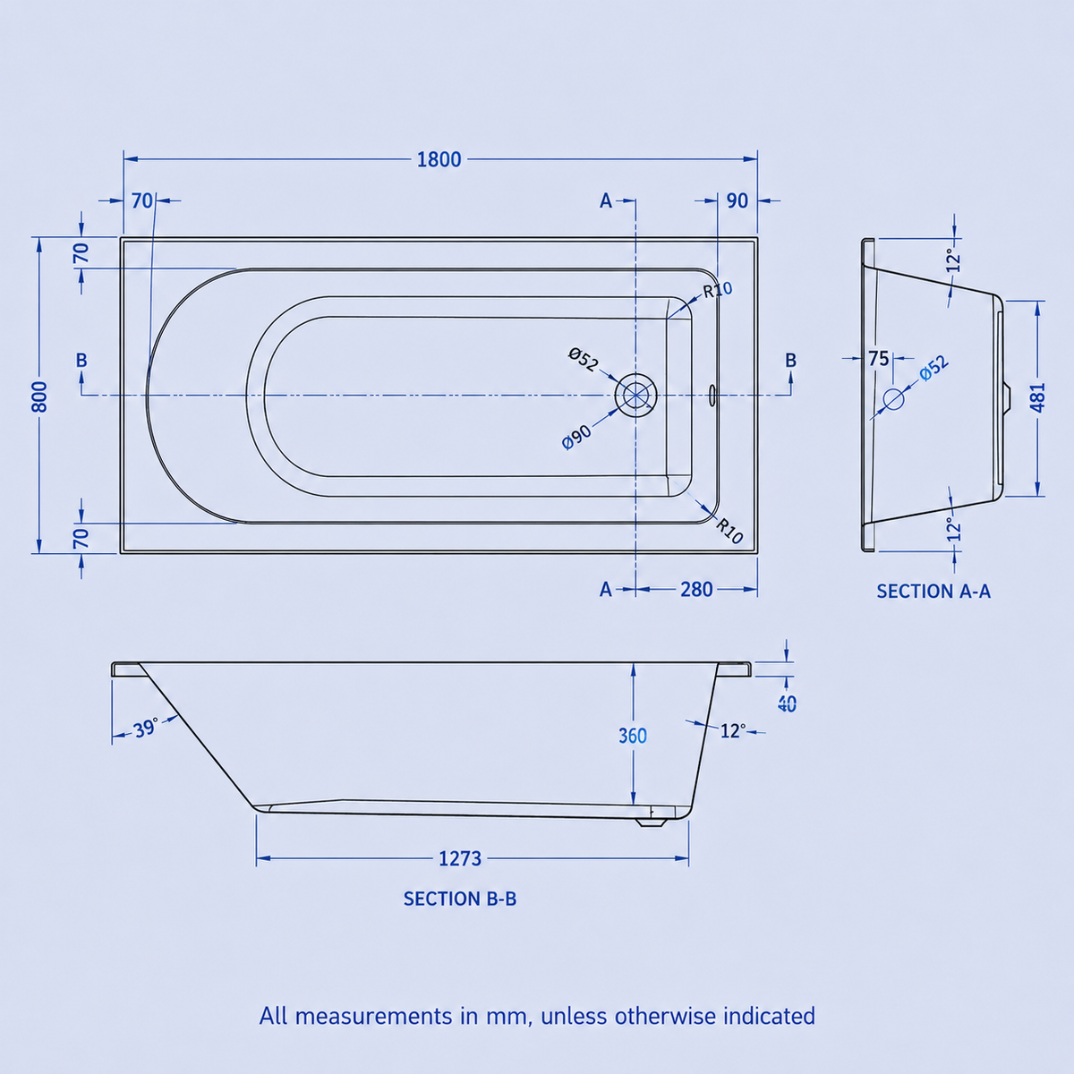 1800 x 800mm White Single Ended Round Bath with Bath Leg