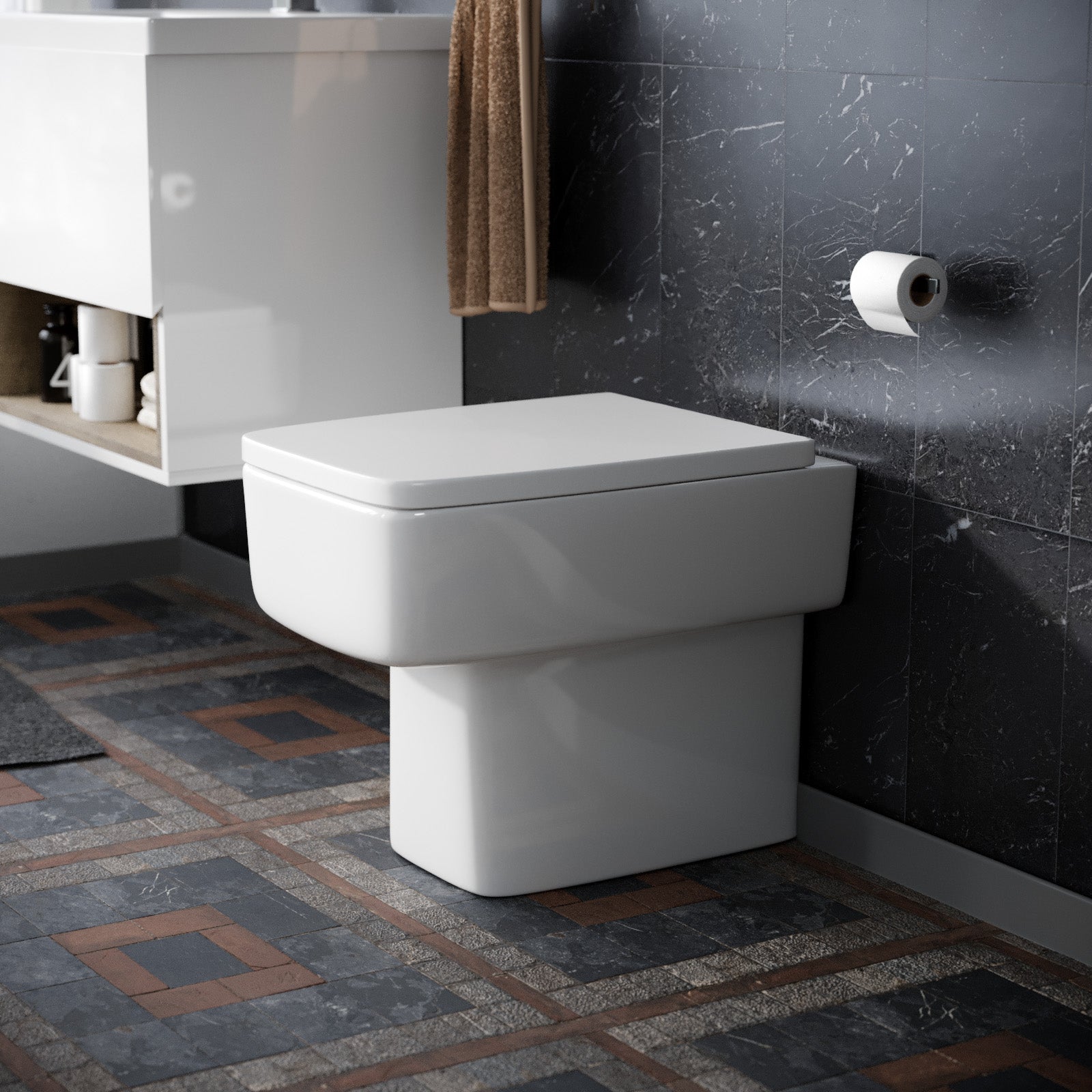 Bushbury Modern Square 350mm Back to Wall Toilet and Soft Close Seat White