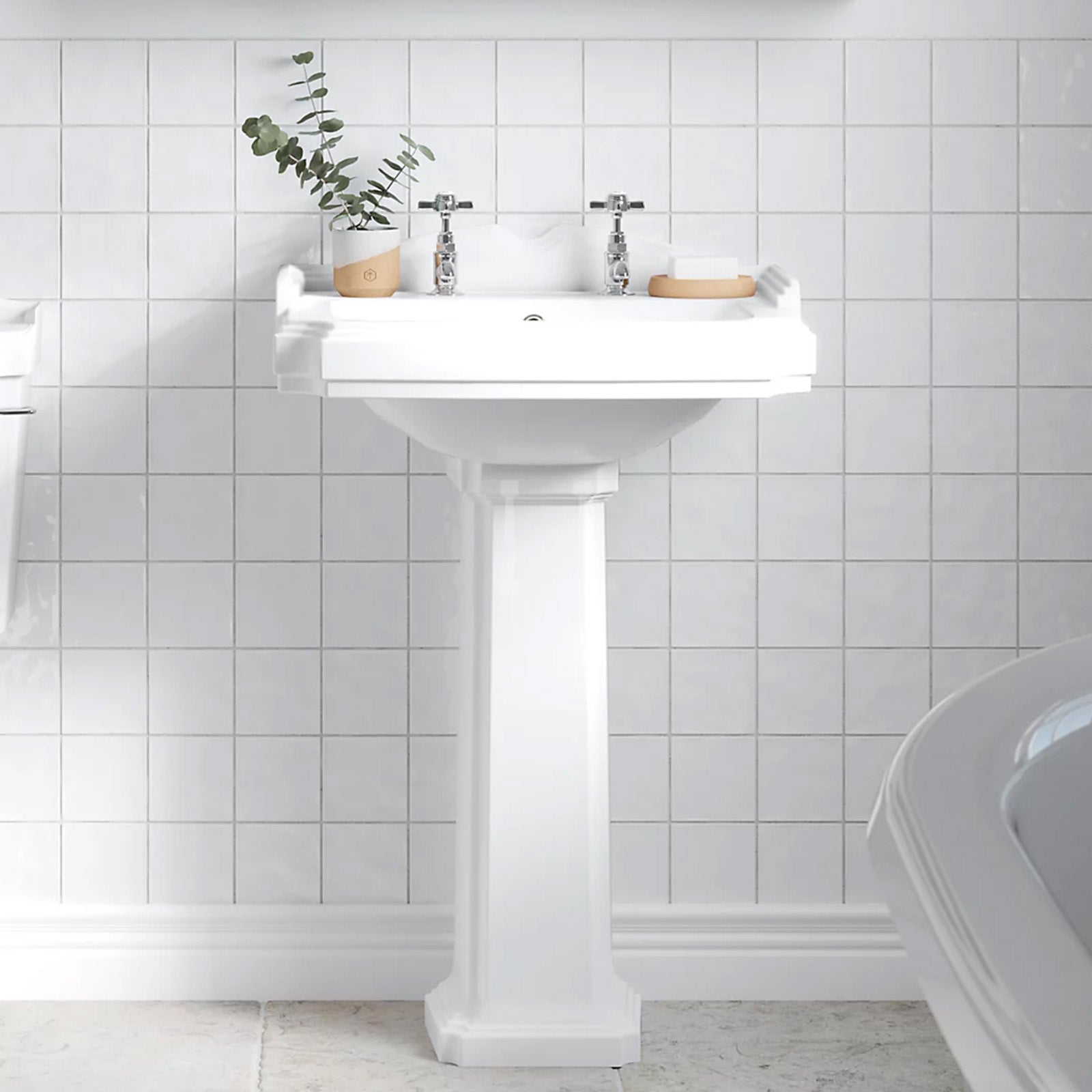 Legend 590mm Basin & Pedestal Full Traditional White with 2 Tap holes
