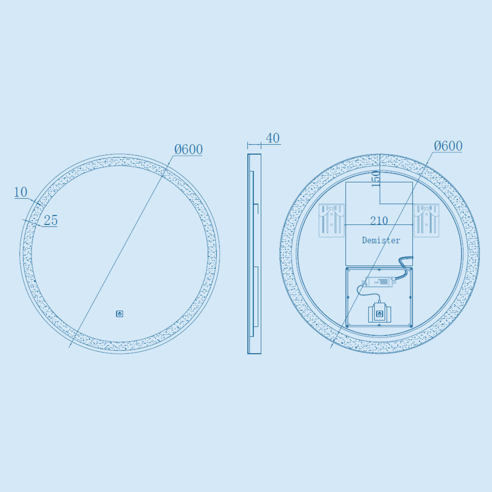 Kartell Nero 600mm Round Black Frame Front Lid LED Mirror Wall Mounted - NE60