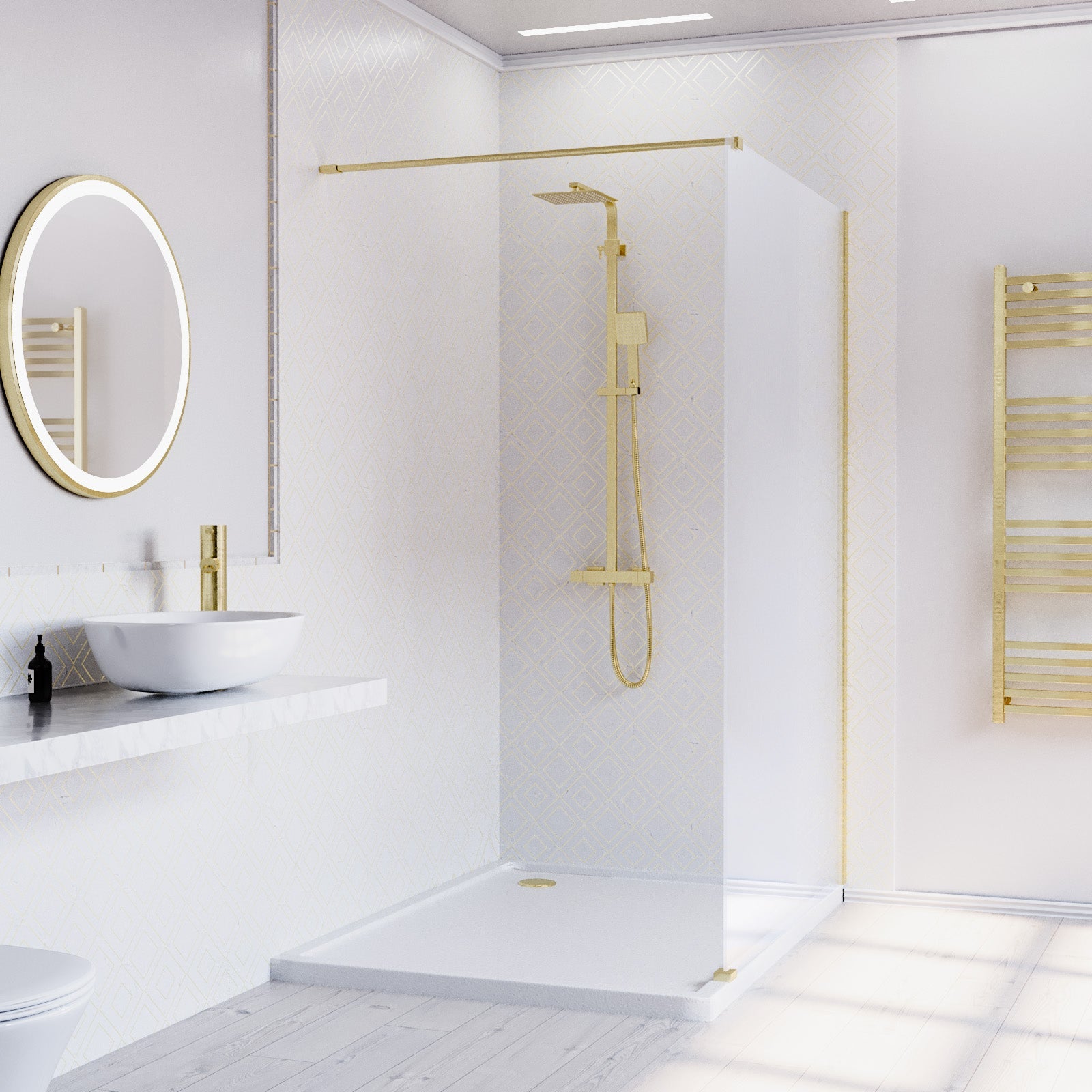 Brushed Brass 1200mm Wet Room Screen & Support Bar