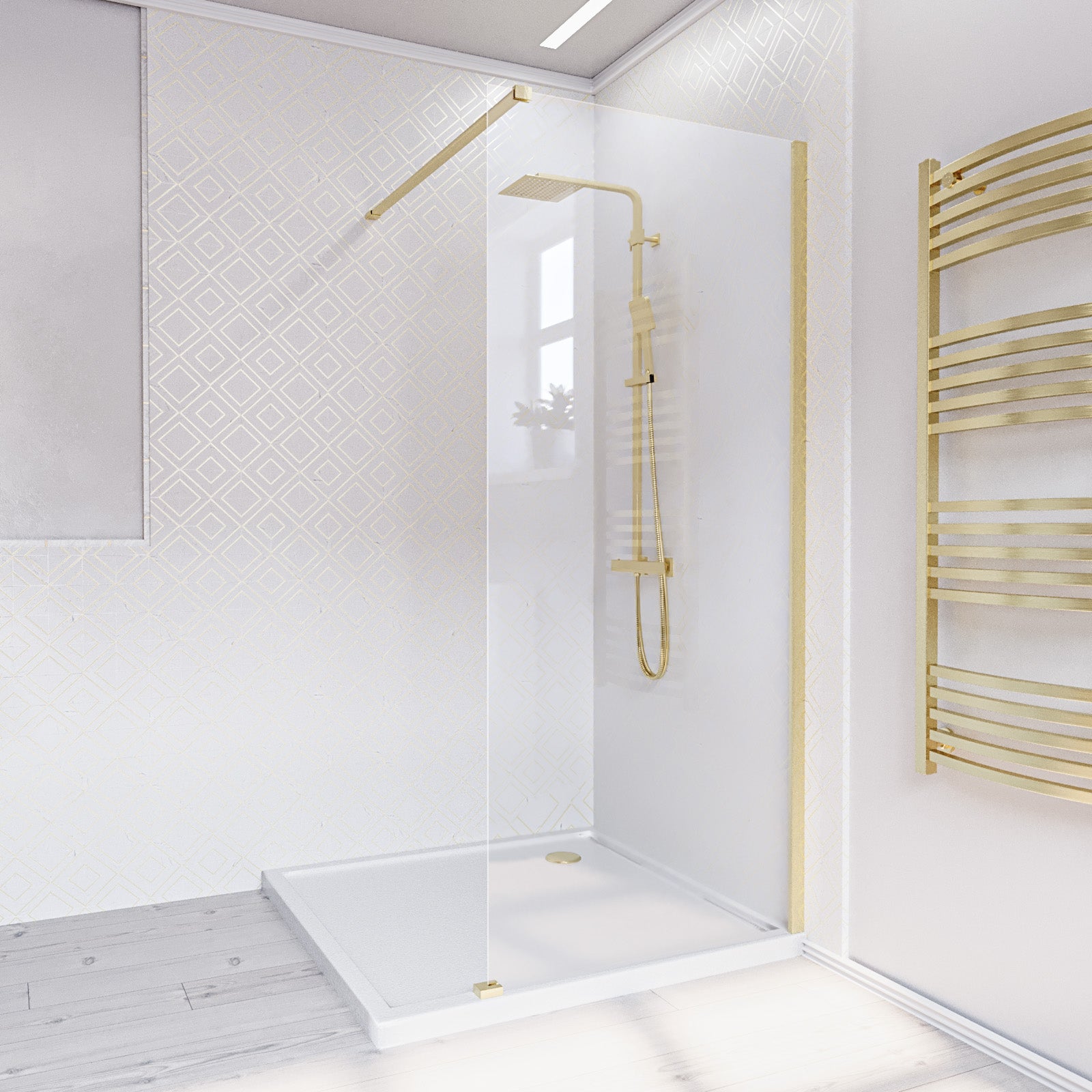 Brushed Brass 800mm Wet Room Screen & Support Bar