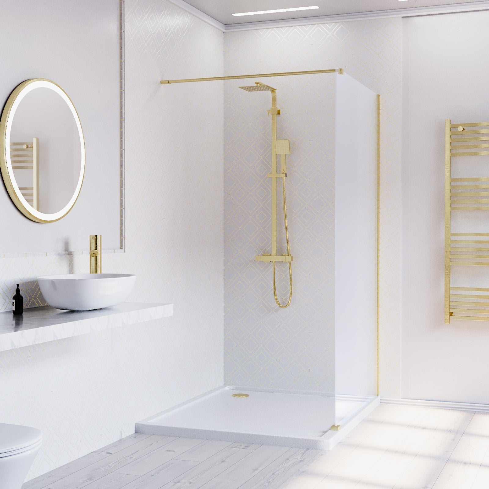 Brushed Brass 900mm Wet Room Screen & Support Bar